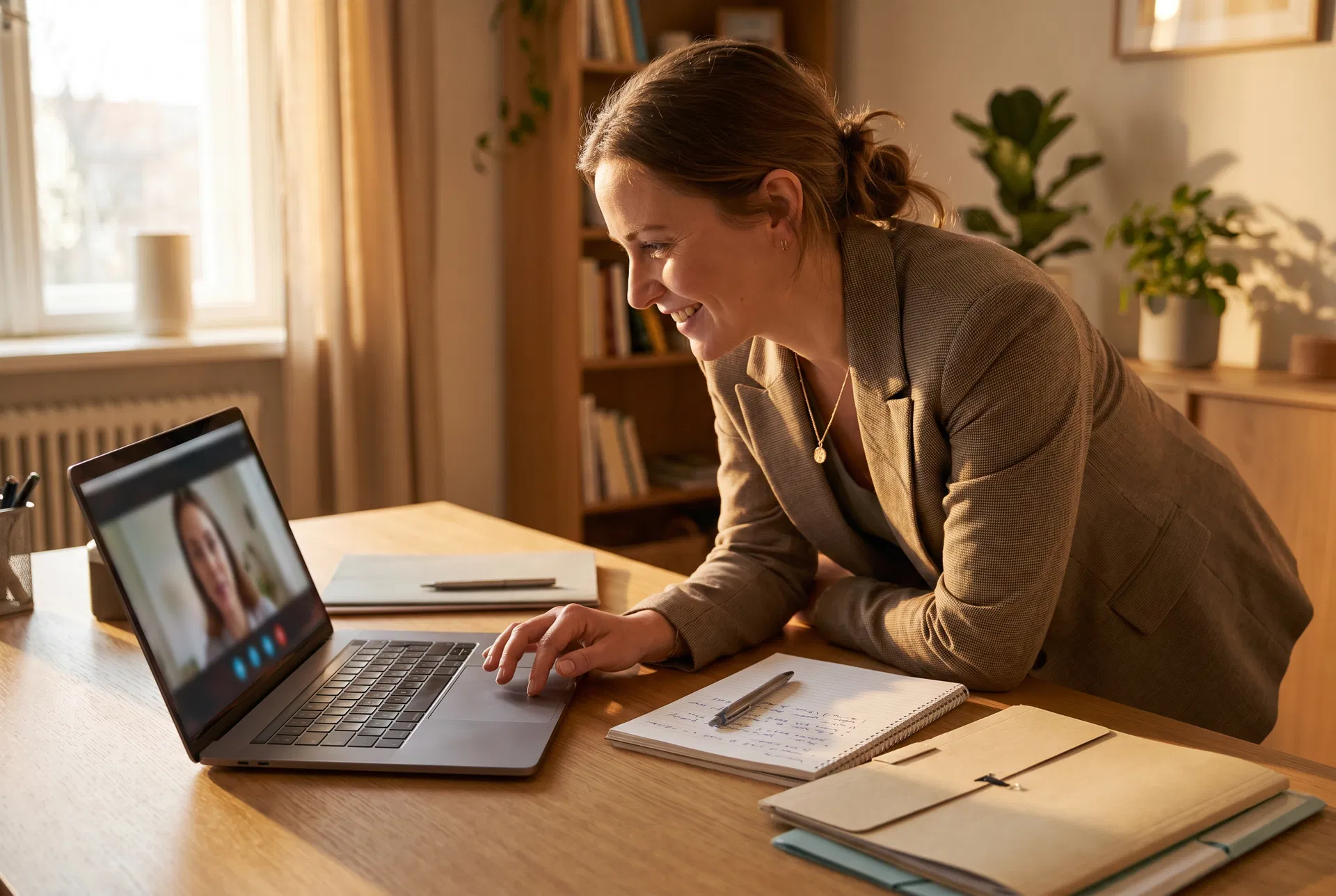 Coach confidently running a client video call with organized notes