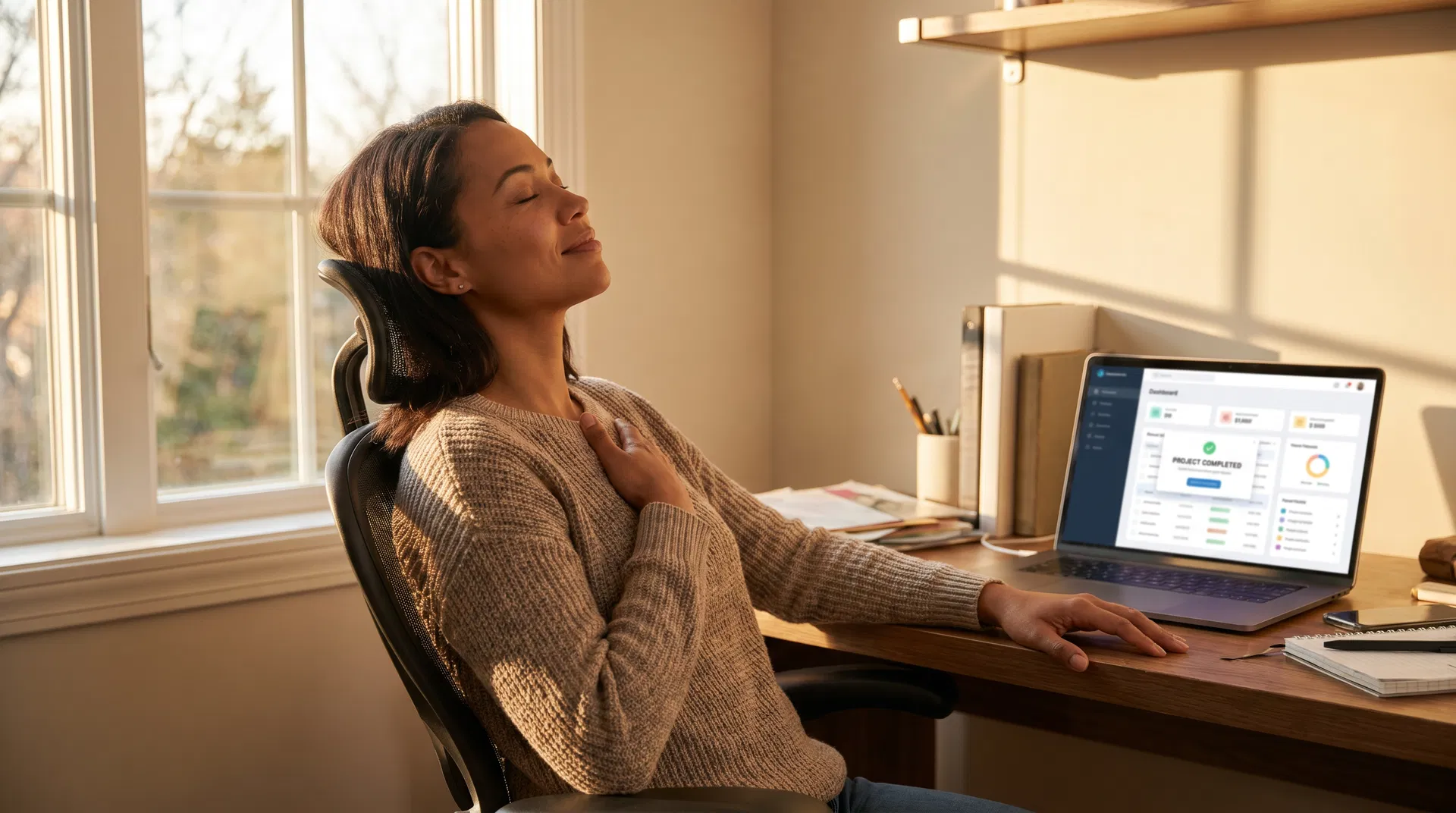 Coach experiencing relief after setting up her onboarding system