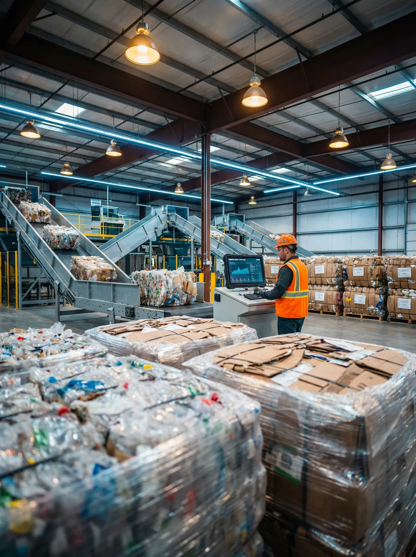 Material recovery facility with sorted recyclable bales and worker verifying supply chain data on digital screen