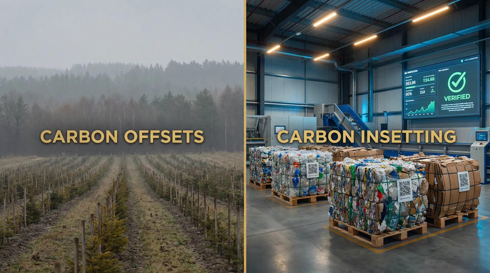 Split comparison: Left side shows distant forest planting representing traditional carbon offsets, right side shows verified material recovery facility with QR-coded bales representing carbon insetting