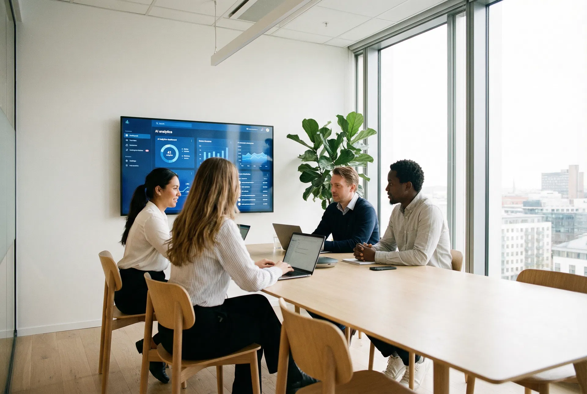 FutureAI team samarbejder om AI-implementering i et moderne kontor