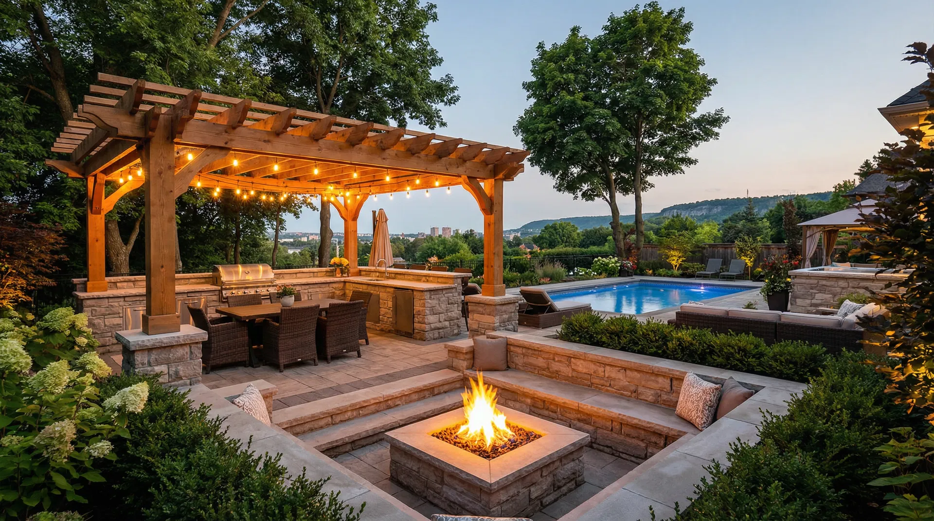 Luxury backyard transformation with fire pit, pergola and pool in Hamilton Ontario