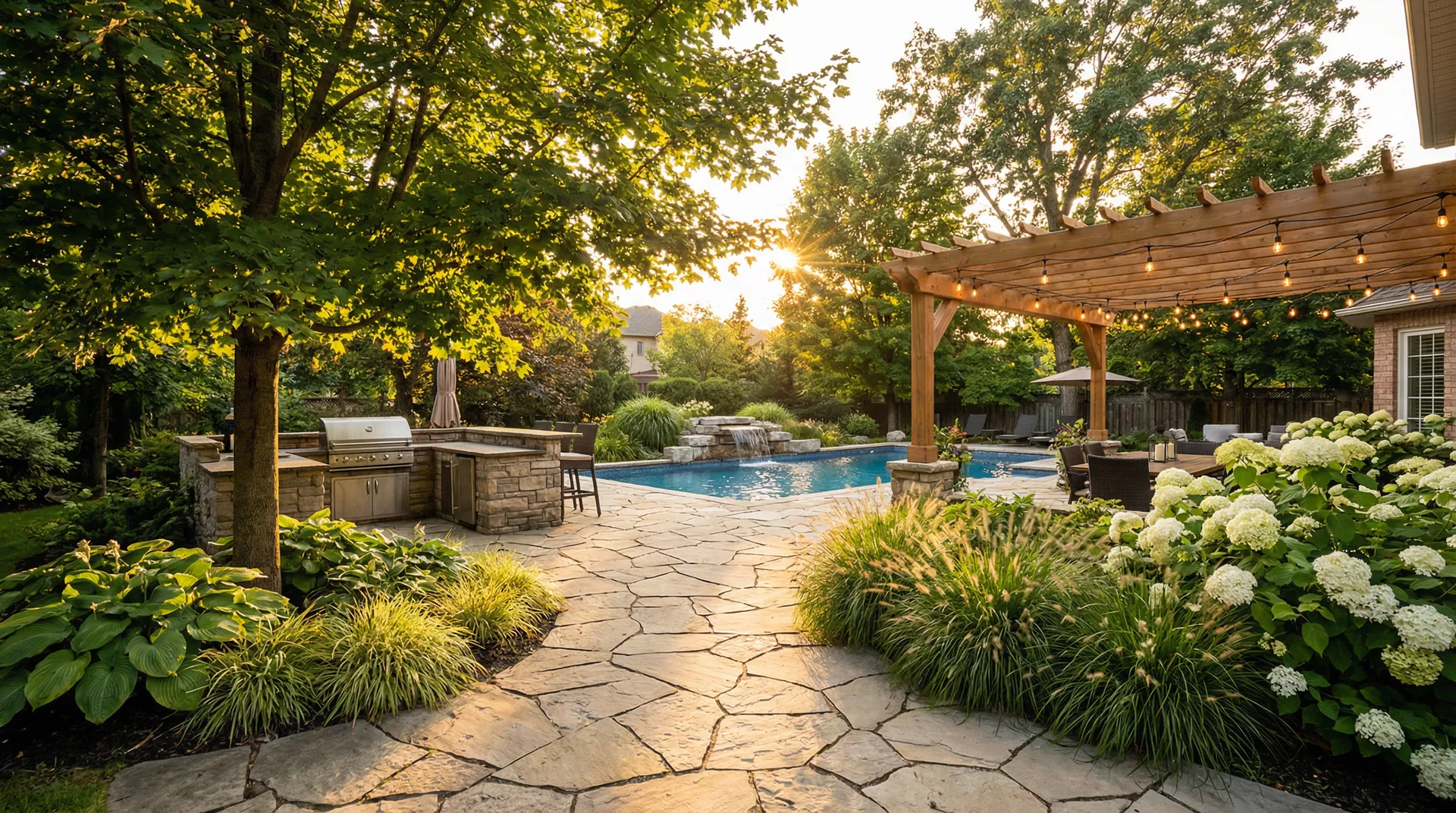 Luxury backyard with inground pool, outdoor kitchen and pergola in Burlington Ontario