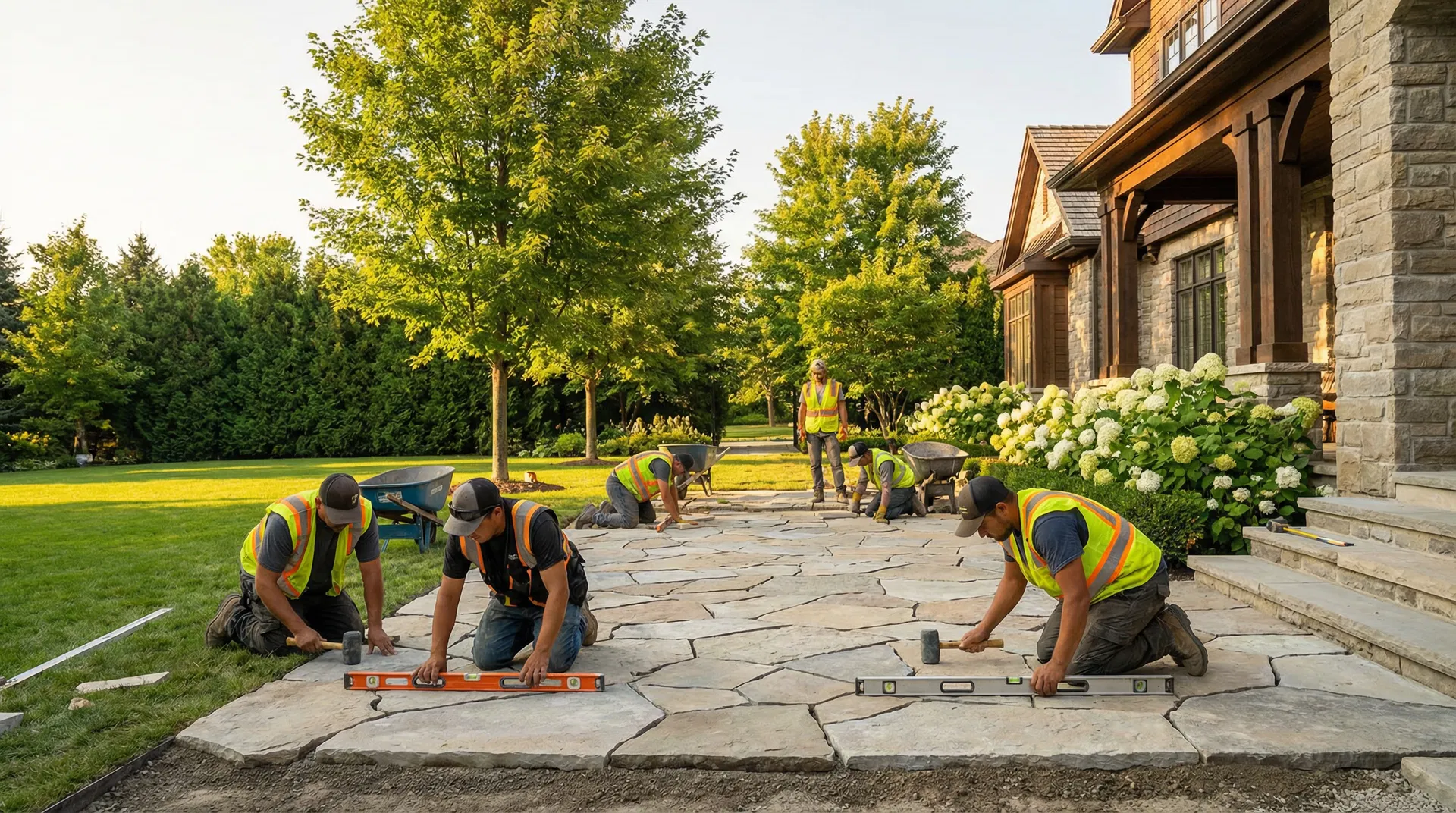Professional landscaping crew installing natural stone patio at a luxury Hamilton Ontario home