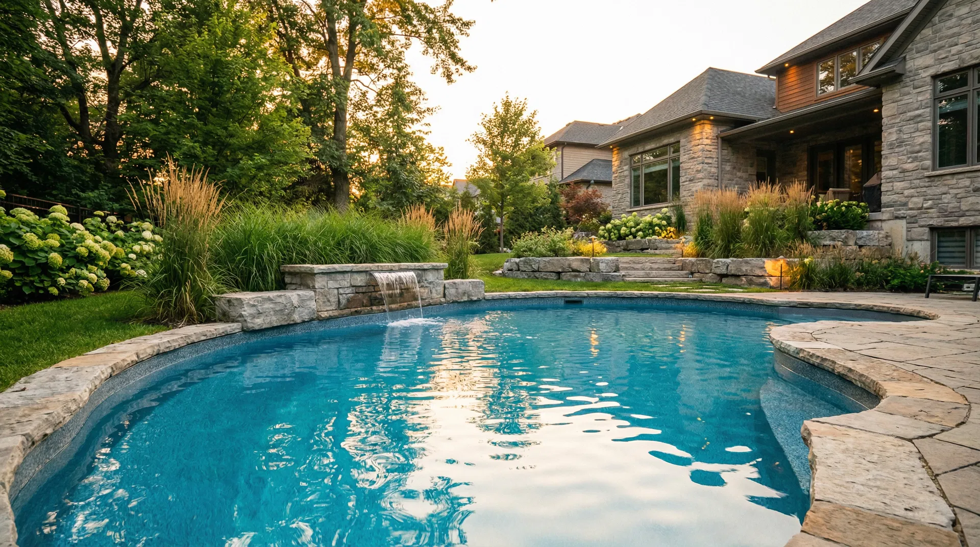 Luxury inground pool with natural stone coping in a Hamilton Ontario backyard