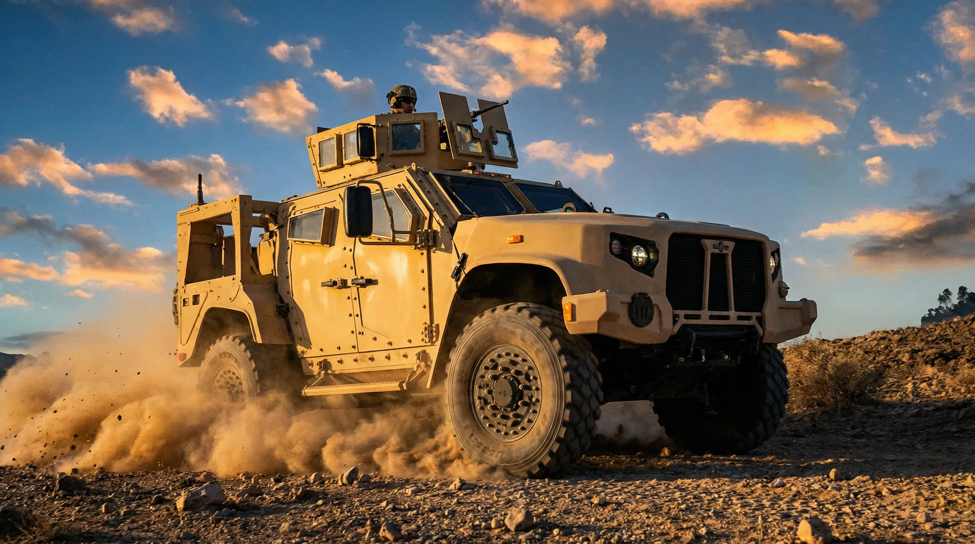 Military tactical armored vehicle in desert terrain