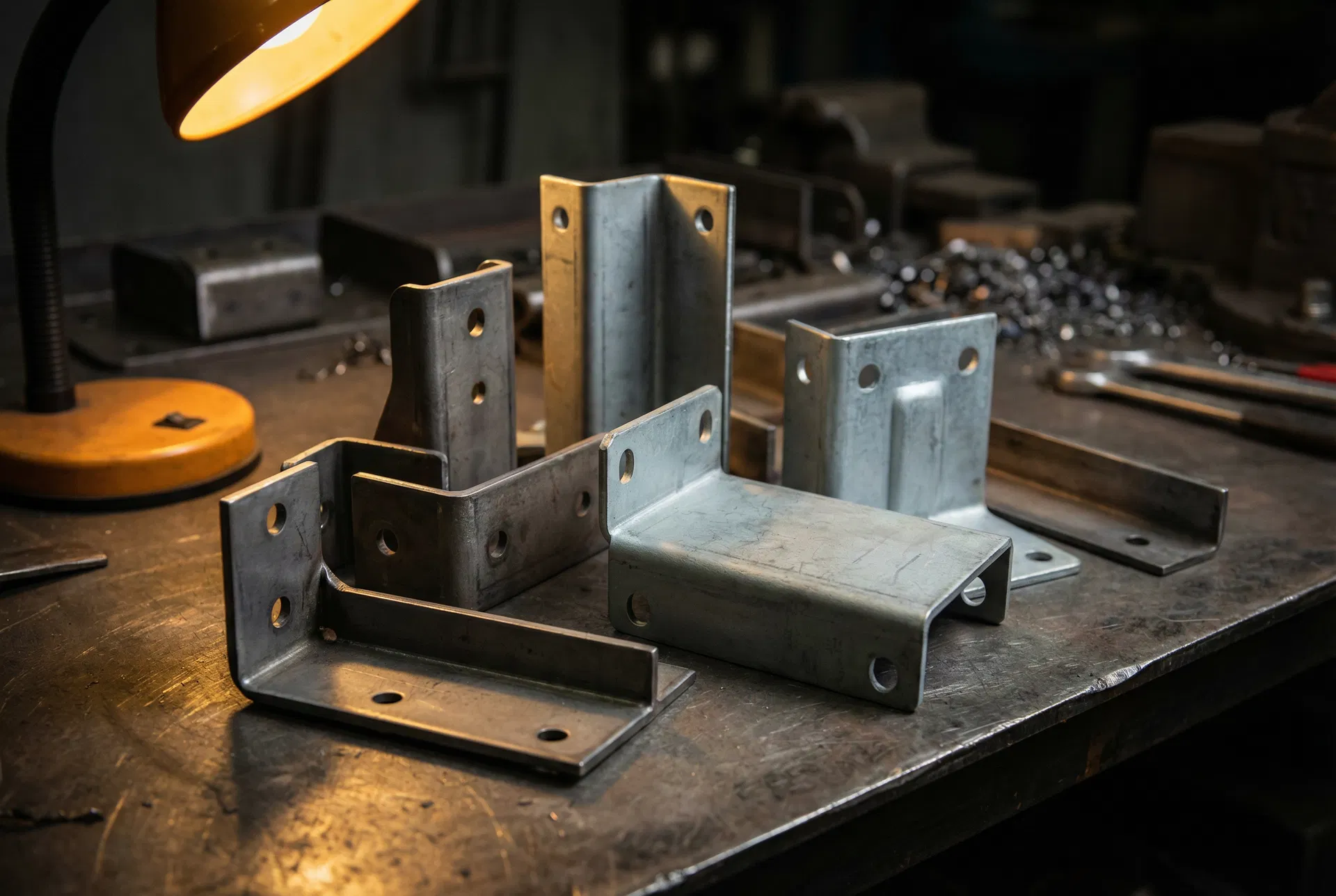 Precision metal stamped military components on workbench