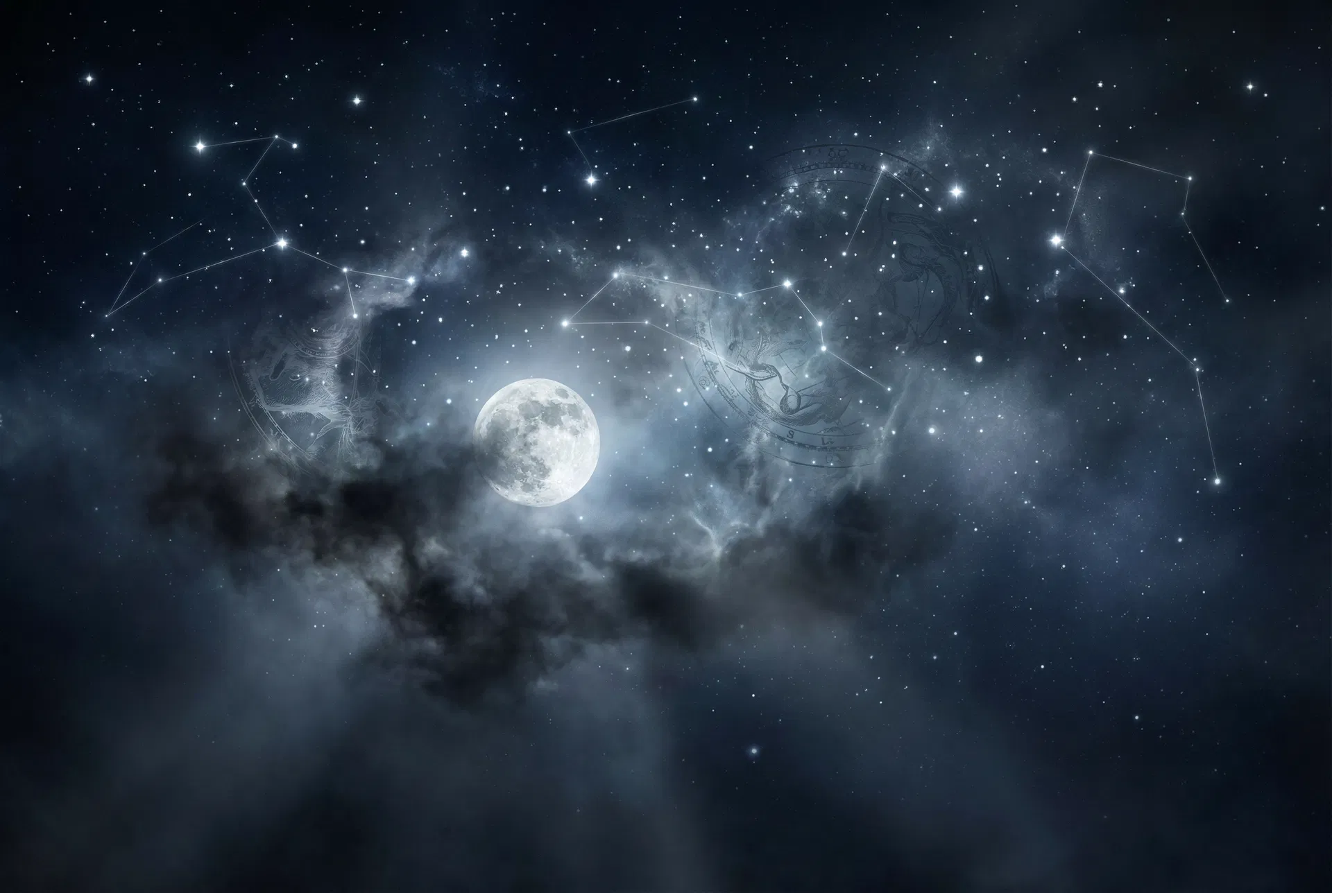 Kosmischer Nebel mit Konstellationen und Mondlicht