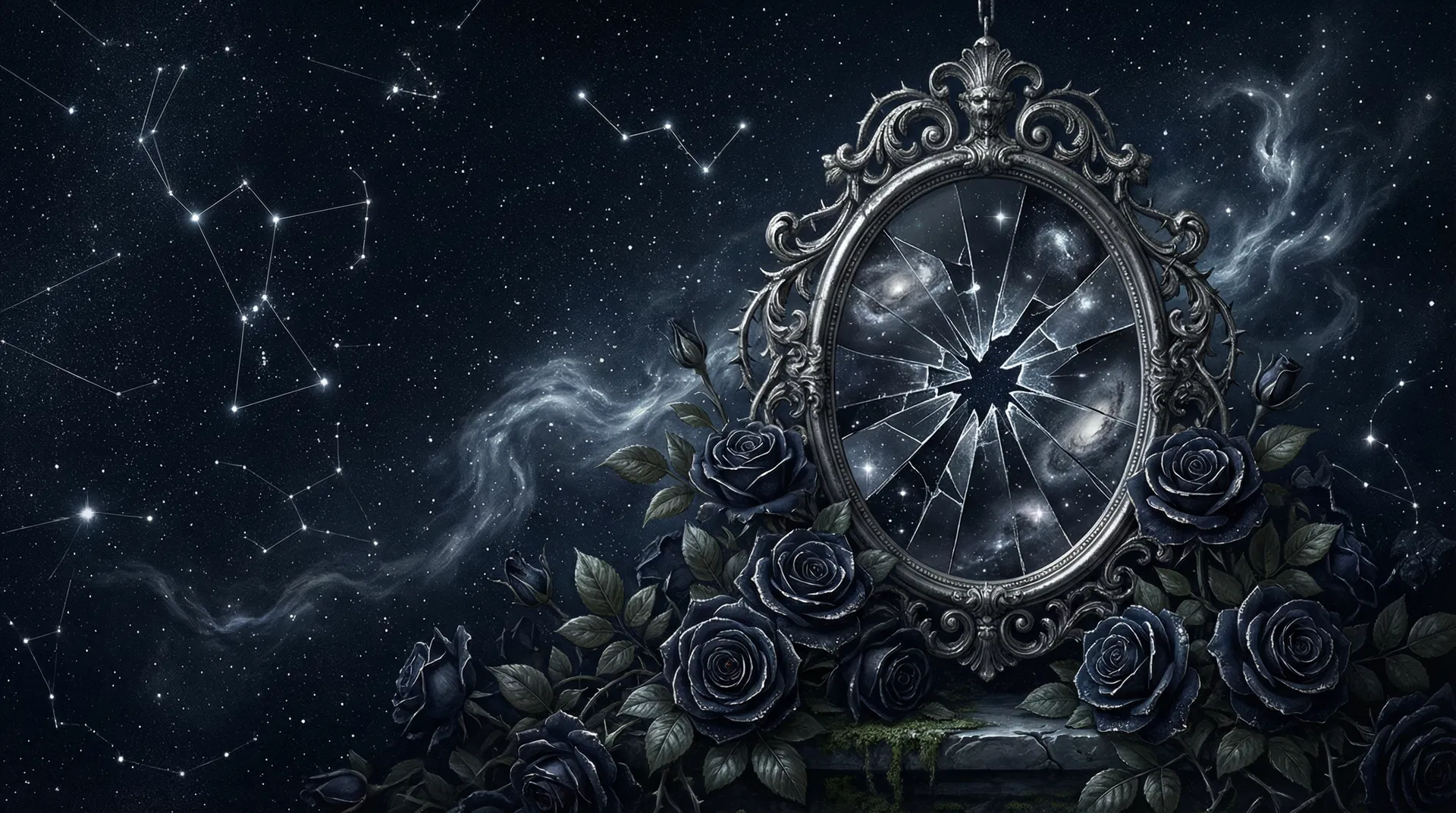 Ein verzierter zerbrochener Spiegel umgeben von dunklen Rosen unter einem Sternenhimmel
