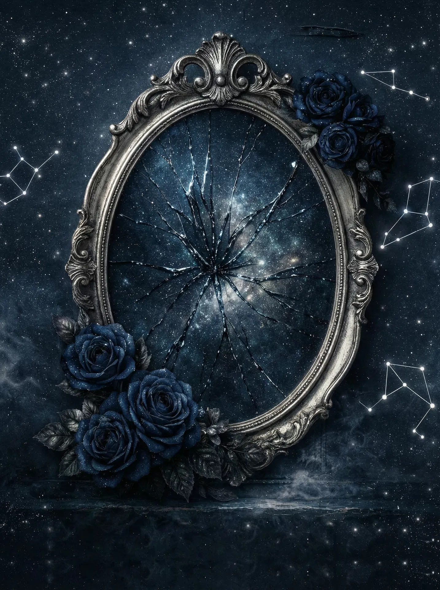 Ein ornamentaler zerbrochener Spiegel, der einen Sternenhimmel reflektiert, umgeben von dunklen Rosen