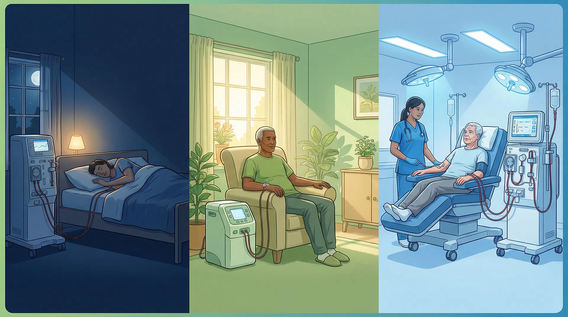 أنواع الغسيل الدموي: التقليدي في المركز، المنزلي، الليلي