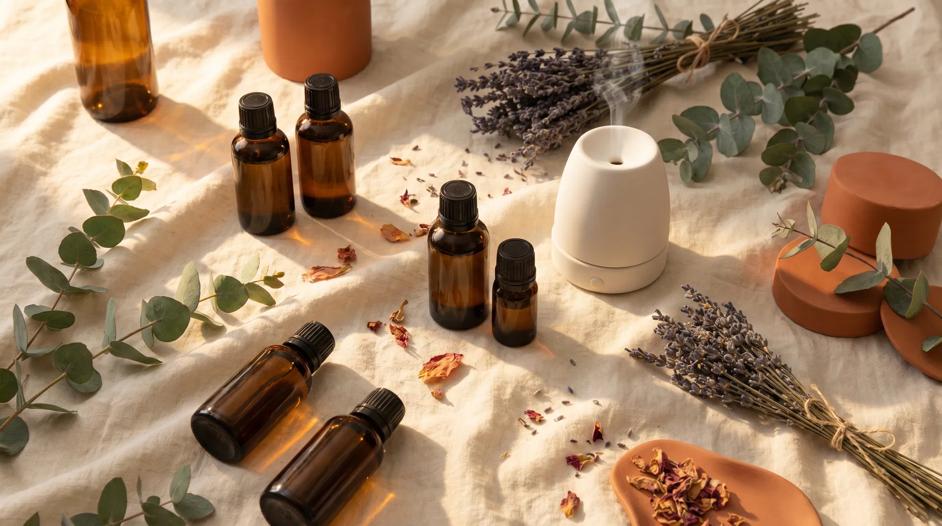 Botanical essential oils flat lay