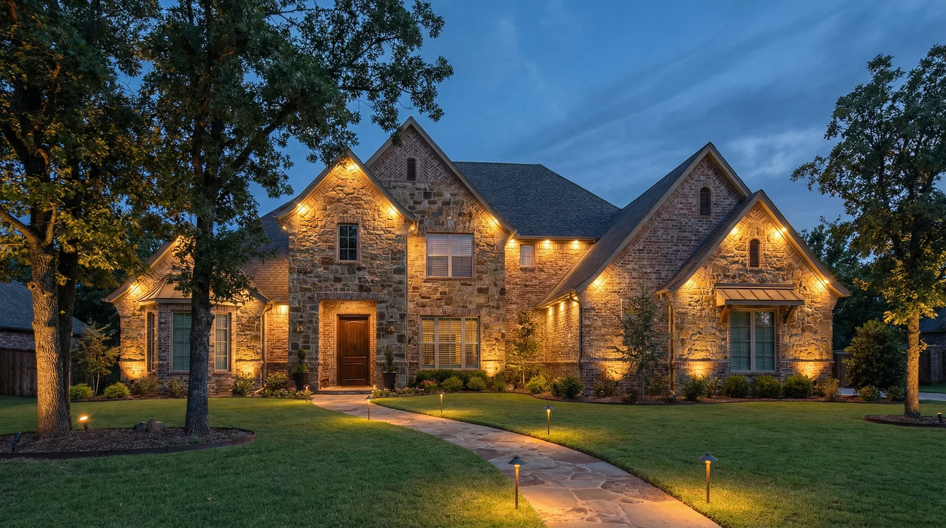 Architectural lighting on a home in Noble, Oklahoma