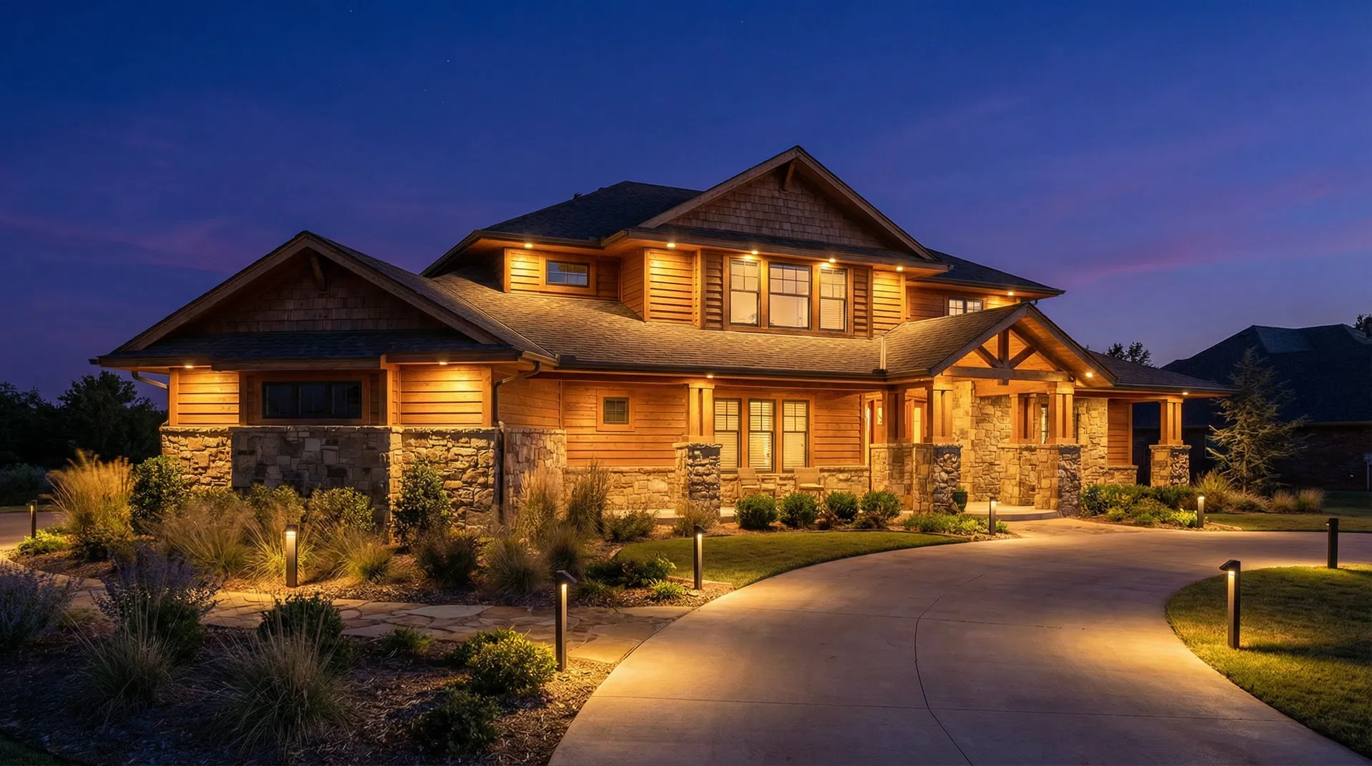 Architectural wash lighting on a stone home