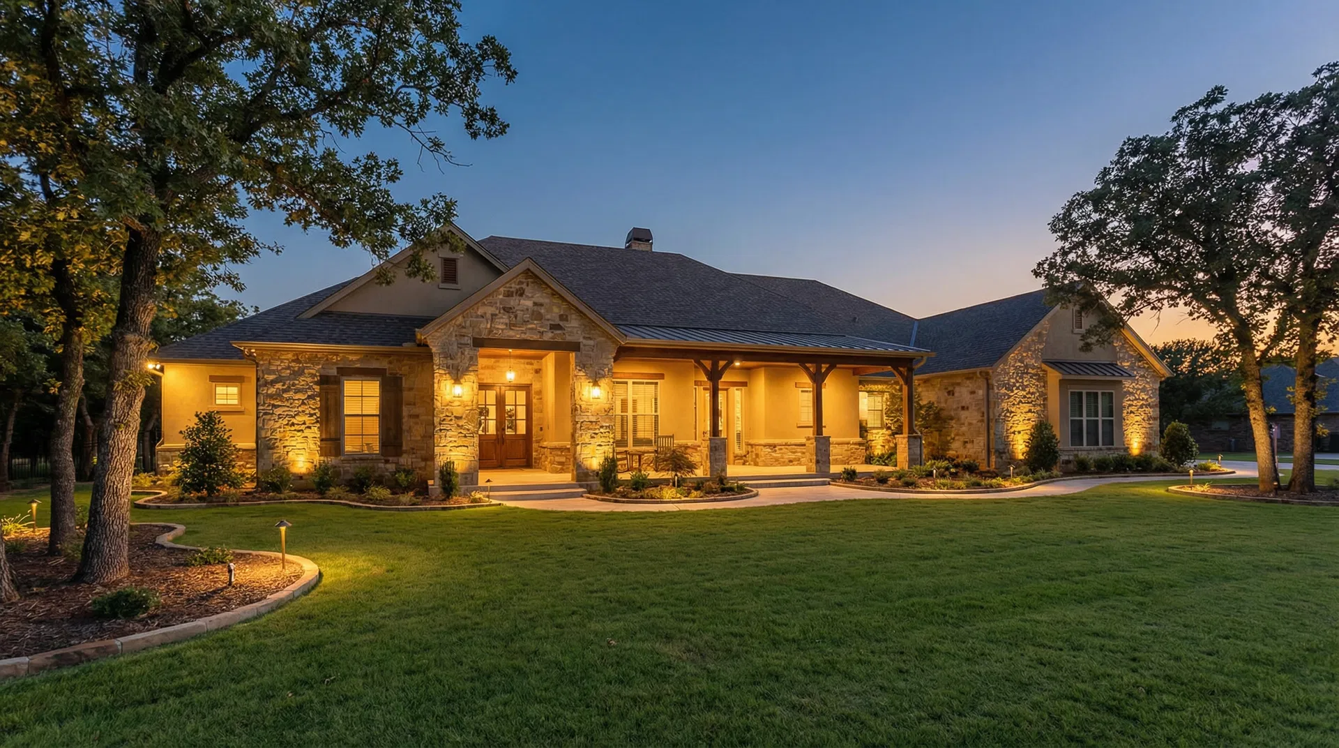 Modern home with architectural wash lighting at blue hour