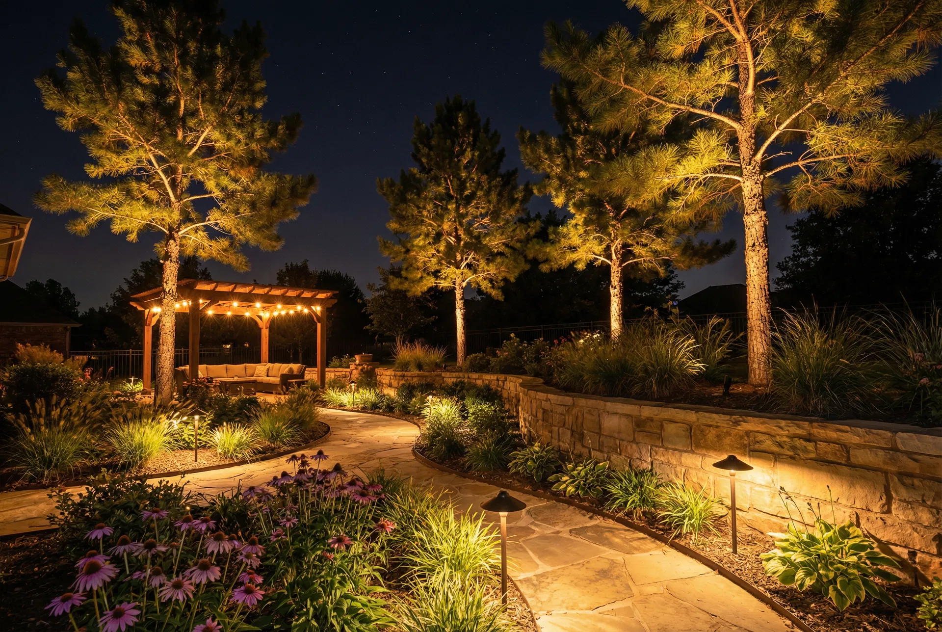 Landscape lighting with illuminated pine trees and garden pathway