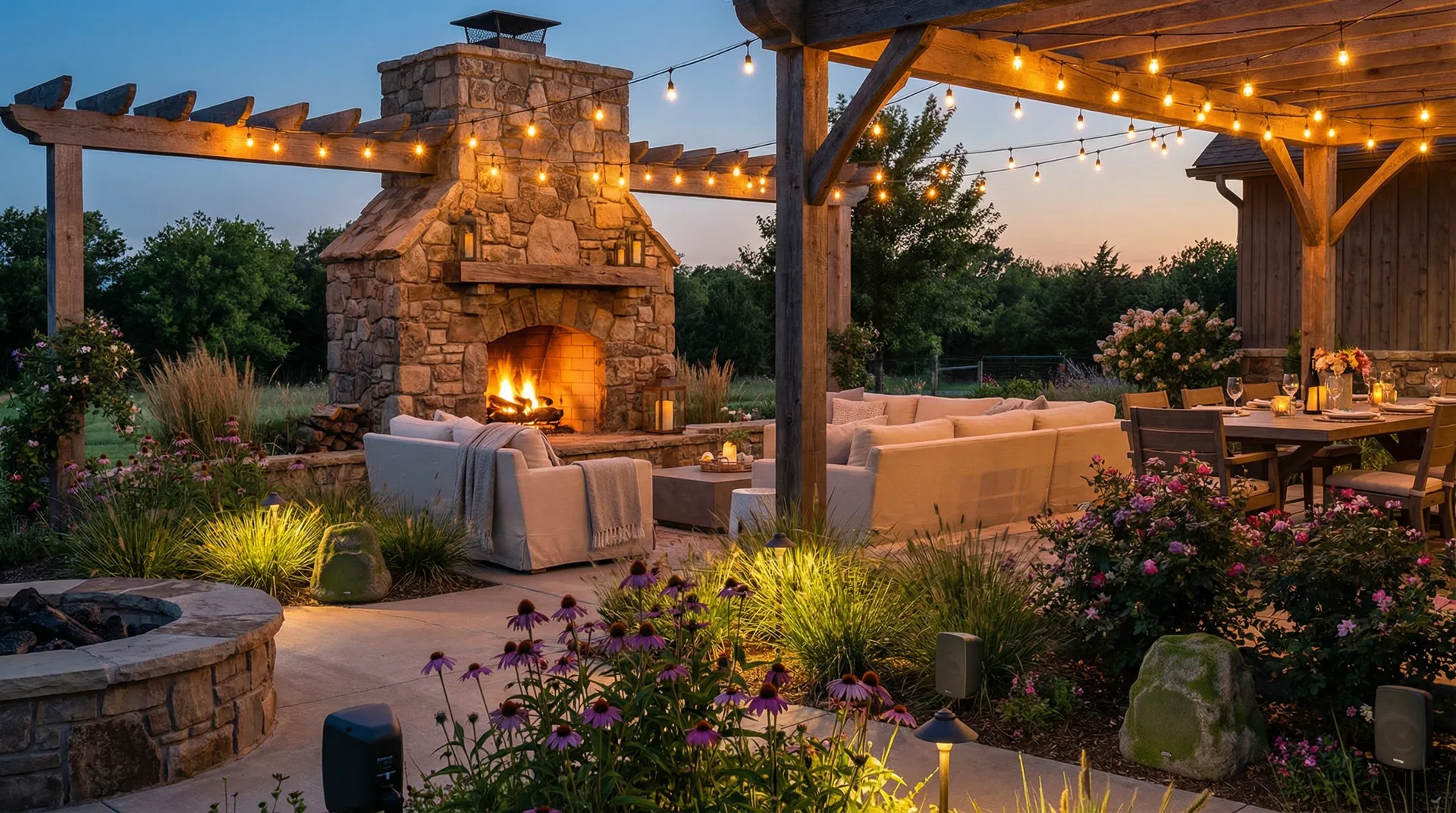 Outdoor audio speaker integrated into a landscape setting