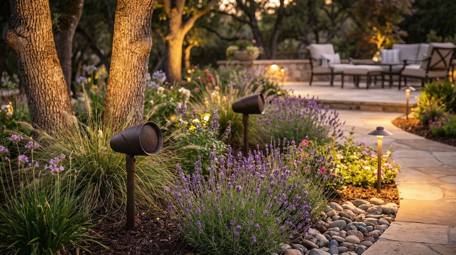 Sonance Garden Series outdoor speakers discreetly installed in landscaped backyard in Norman Oklahoma
