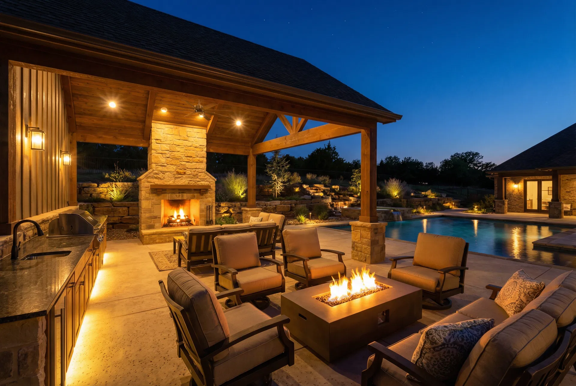 Luxury outdoor living space at night