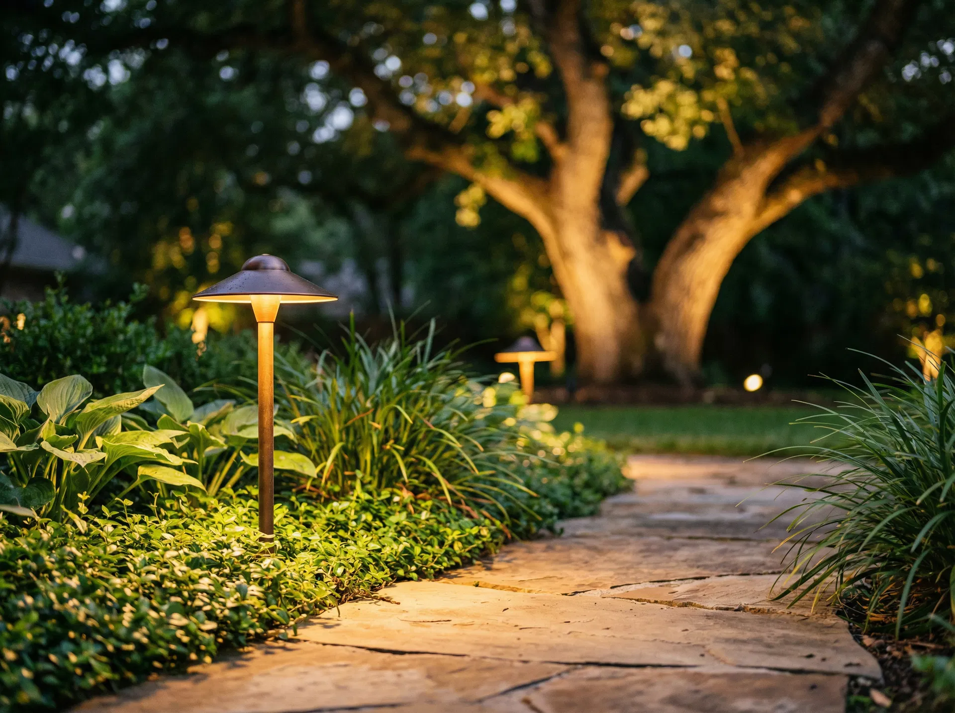 Bronze path light illuminating a garden walkway in Norman Oklahoma