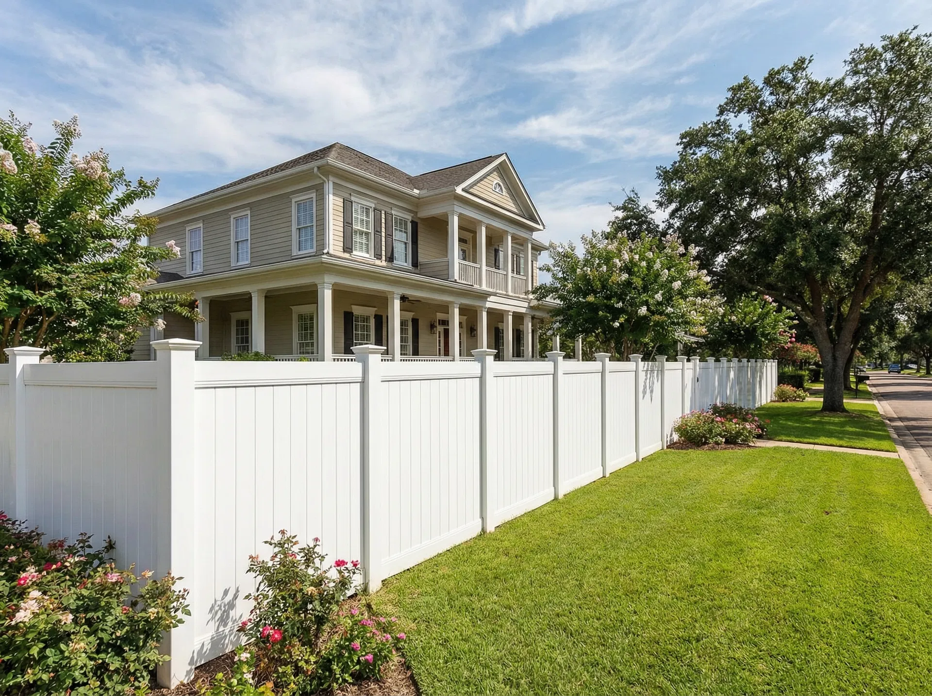 White vinyl privacy fence surrounding a Mississippi home