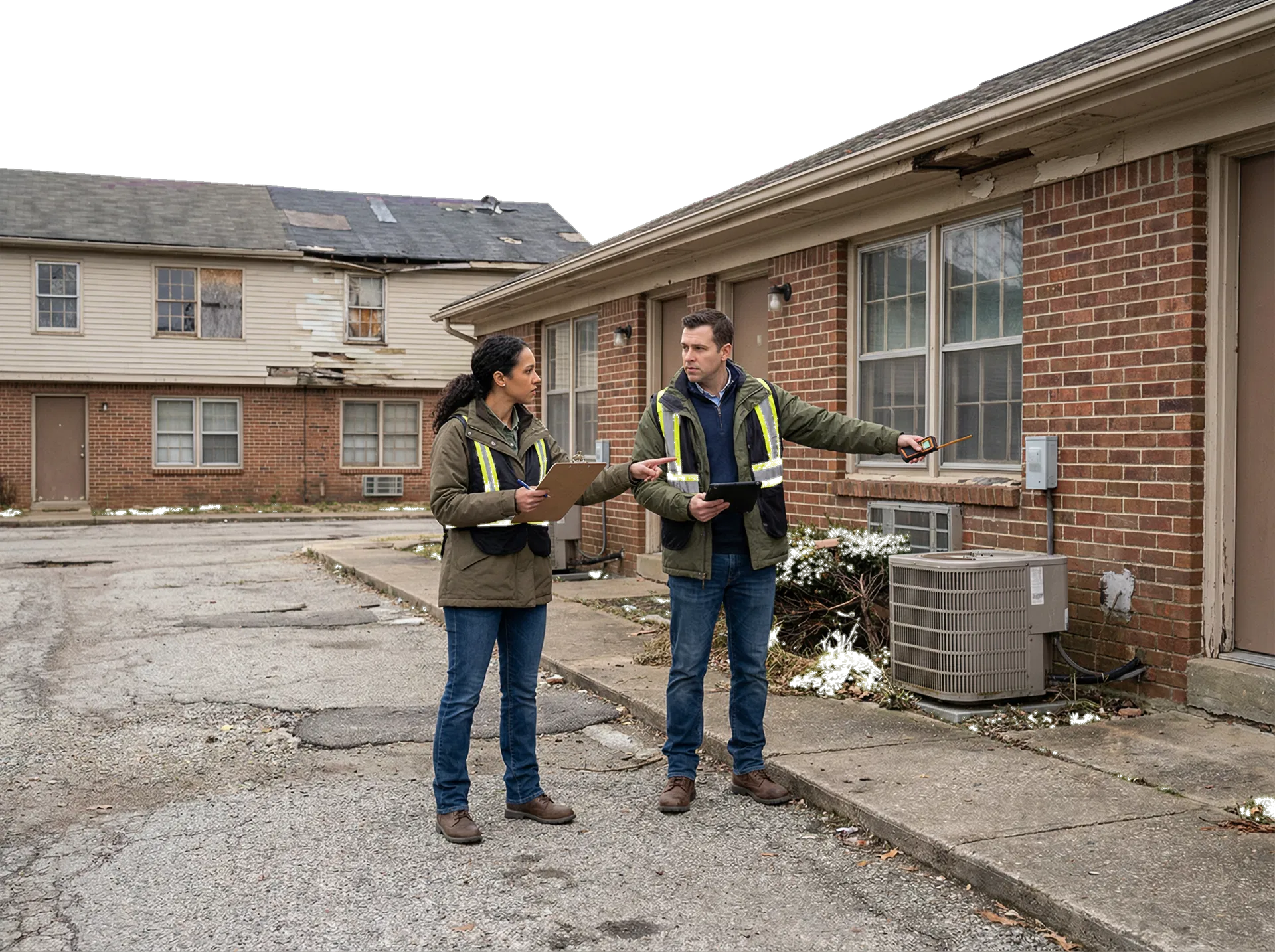 Distressed investment property exterior under review