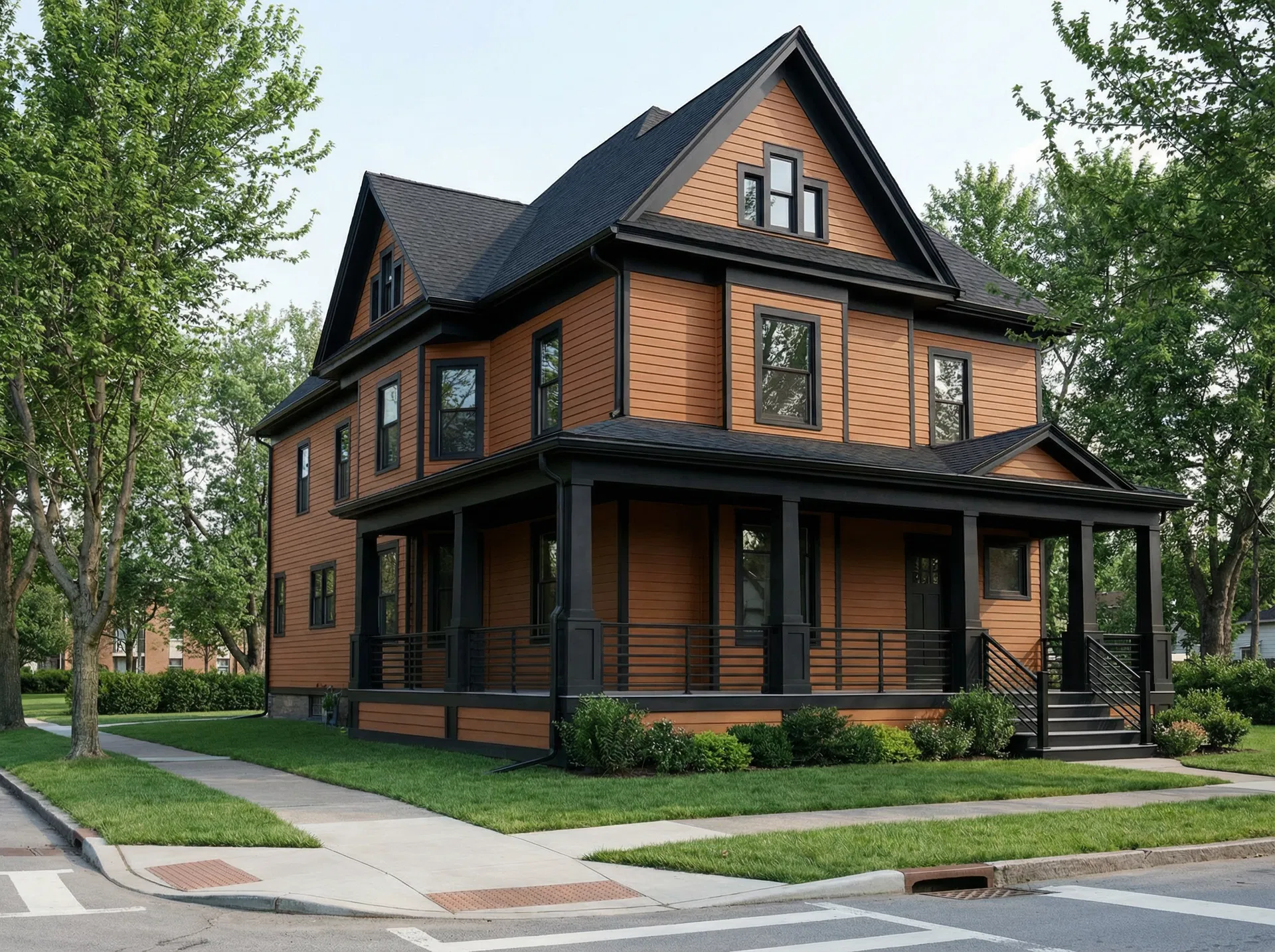Three-quarter corner lot view showcasing wraparound porch and landscaping