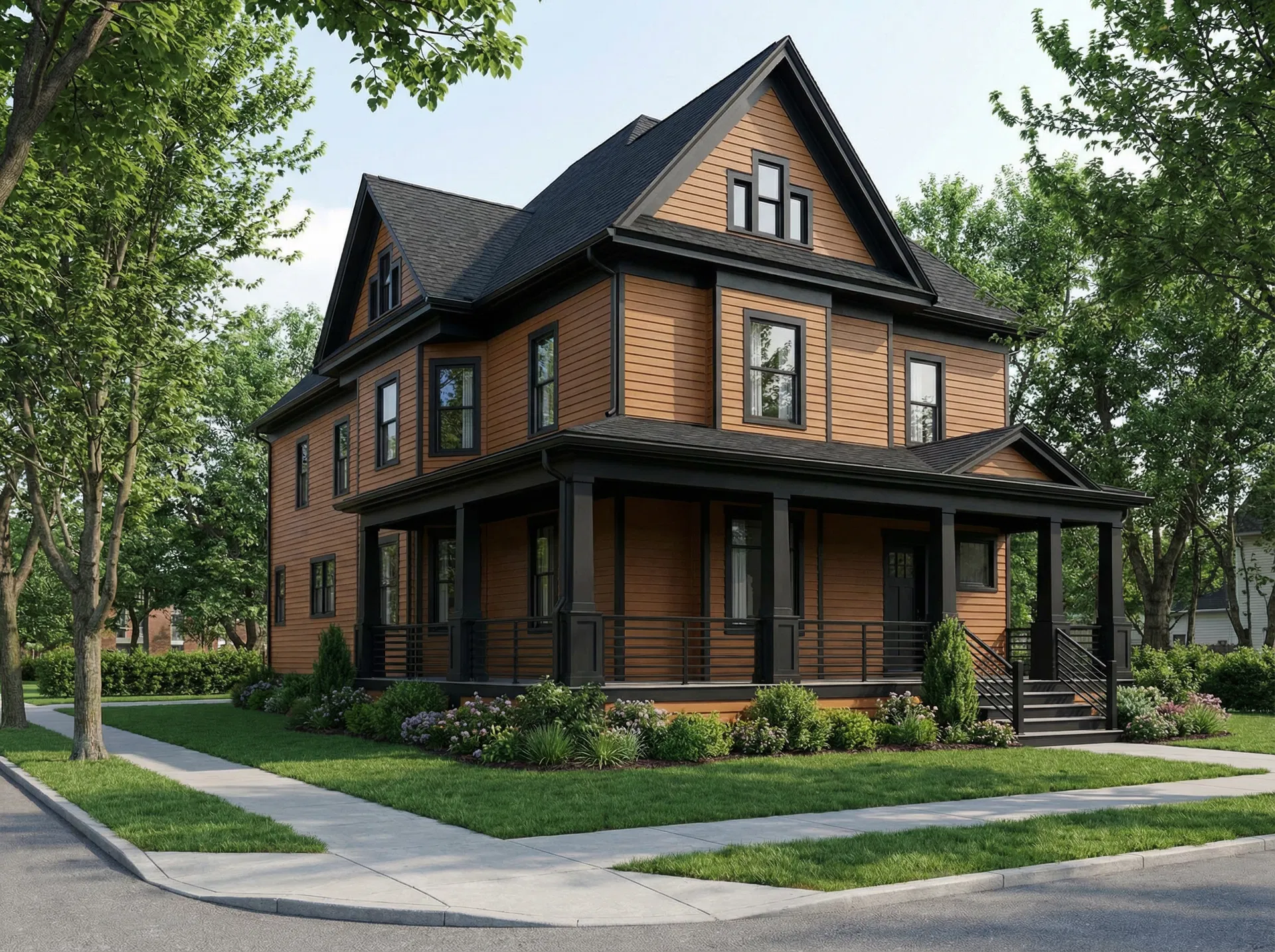 Renovated Victorian facade with James Hardie cedar brown siding and matte black trim
