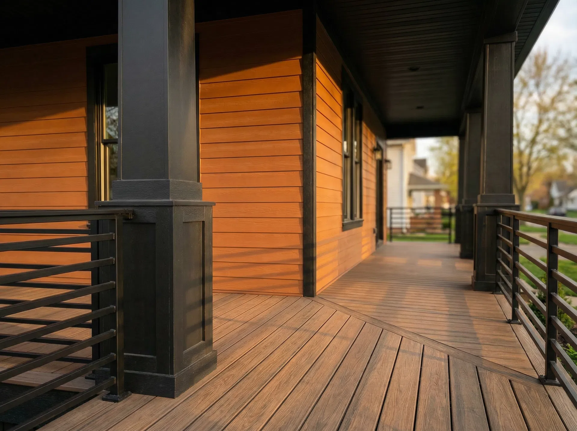 Wraparound porch detail with black square columns and modern horizontal railings