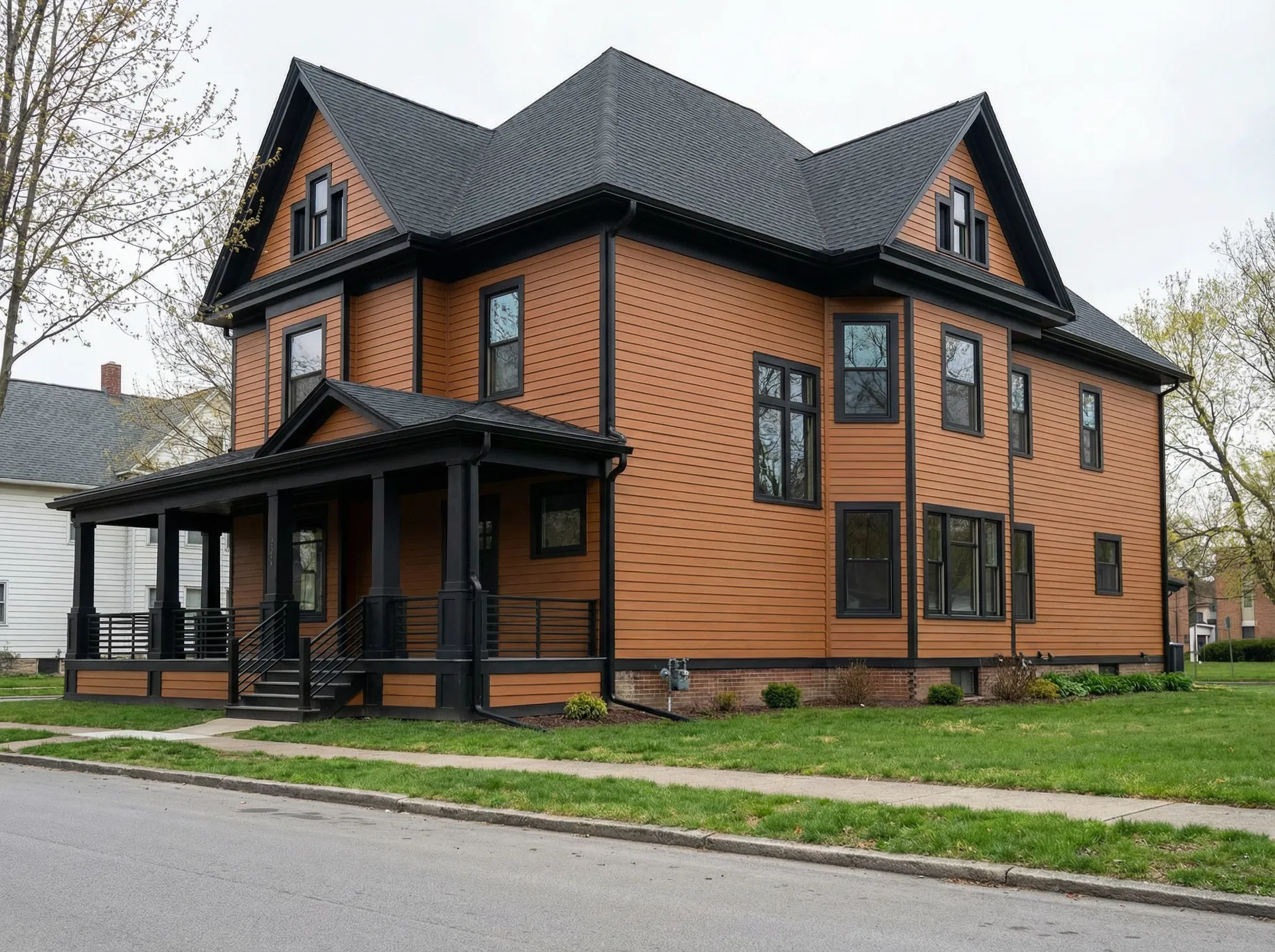 Side elevation showing Victorian gable details with cedar brown siding and black trim