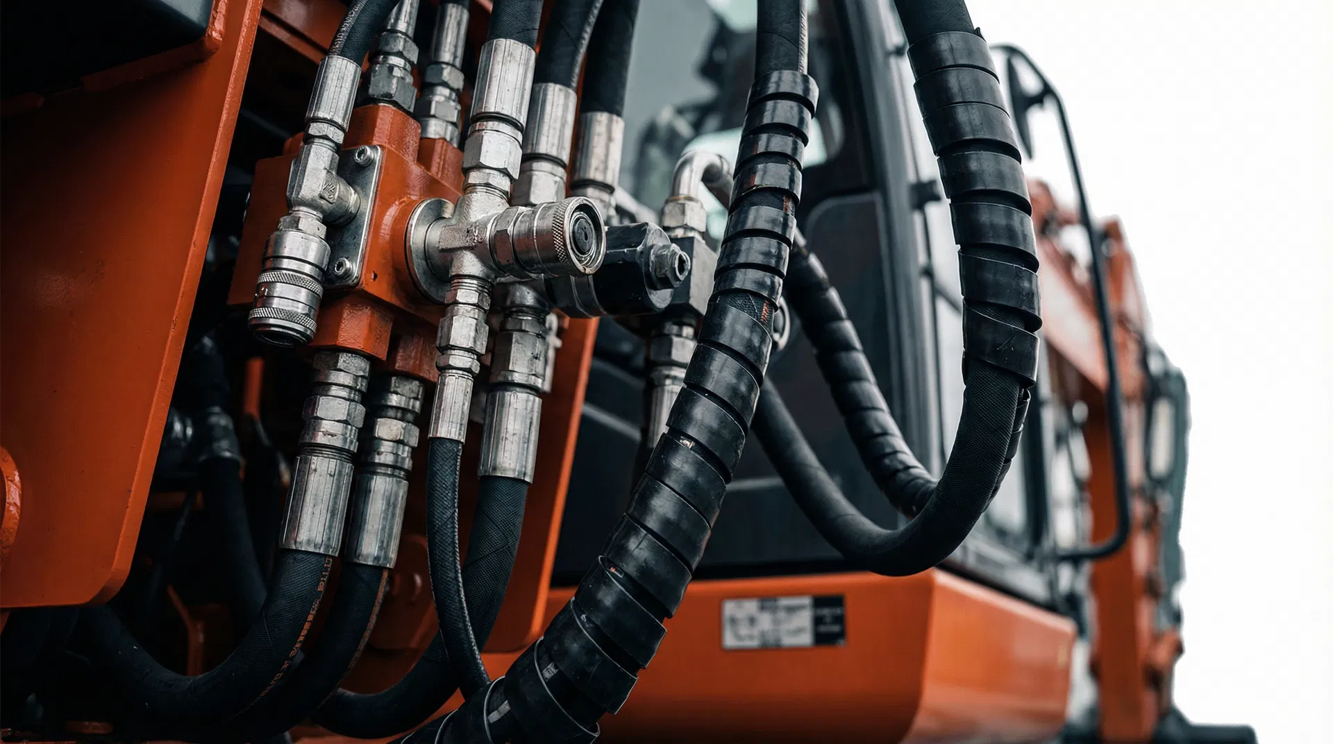 Close-up of hydraulic hoses, fittings, and orange machinery