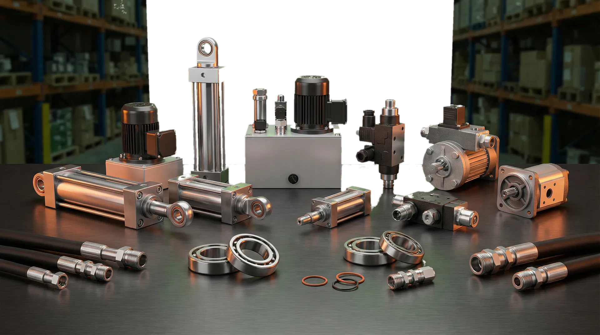 Curated arrangement of hydraulic cylinders, pumps, fittings, and components
