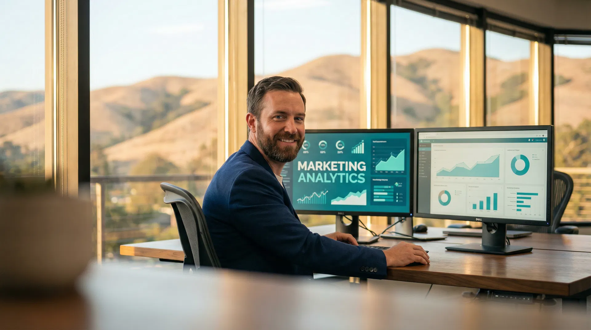 John Rushworth at his marketing analytics workstation with Marin County hills in the background