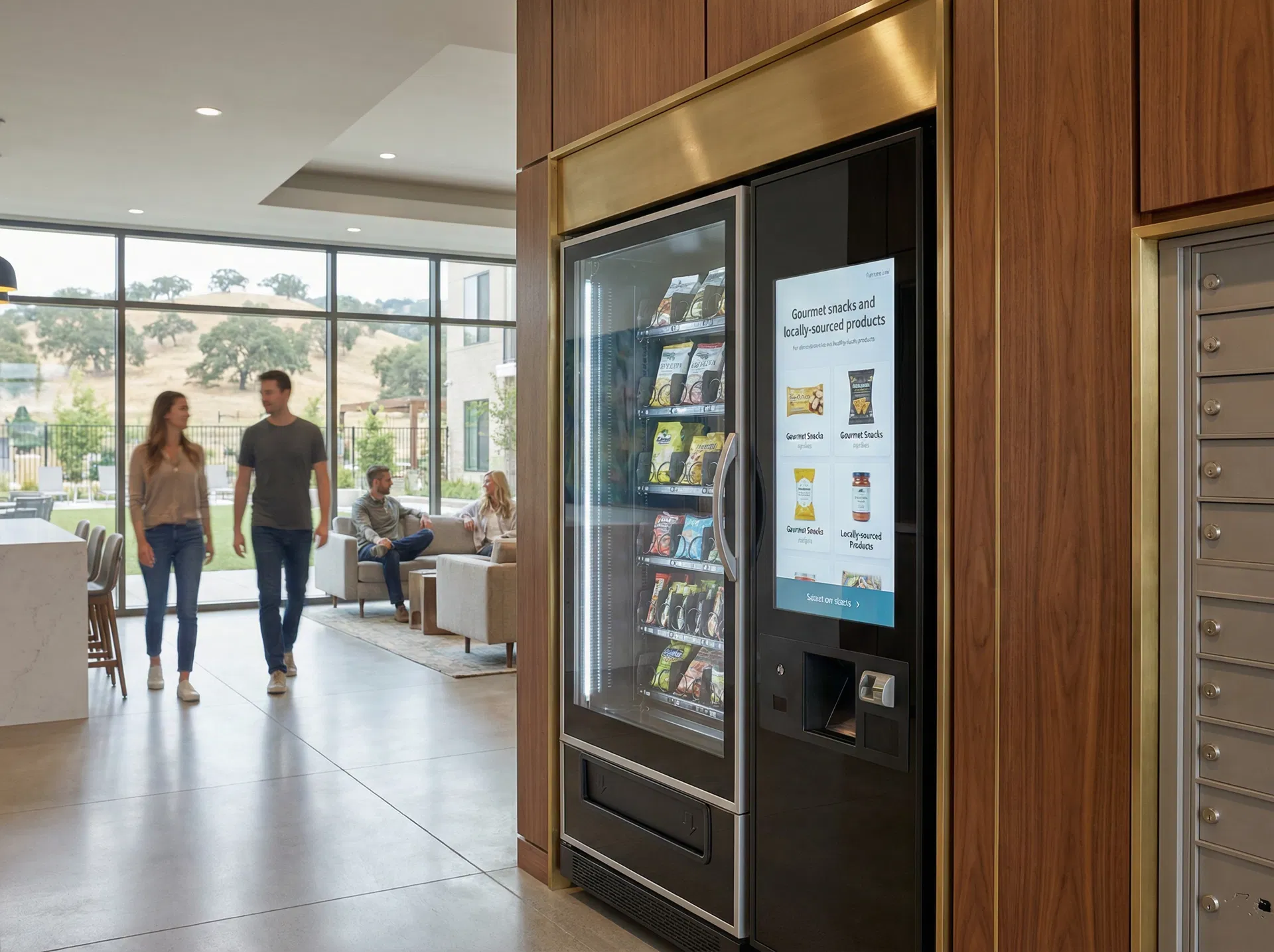 Smart cooler vending machine in a luxury apartment building lobby in Marin County