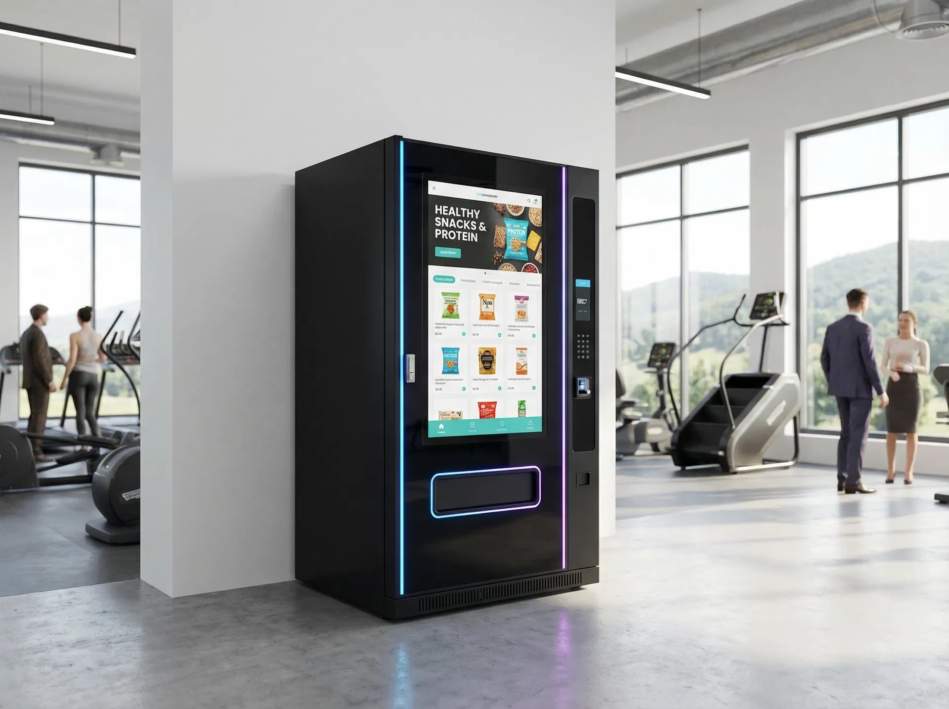 Smart vending machine with touchscreen display installed in a modern gym in Marin County