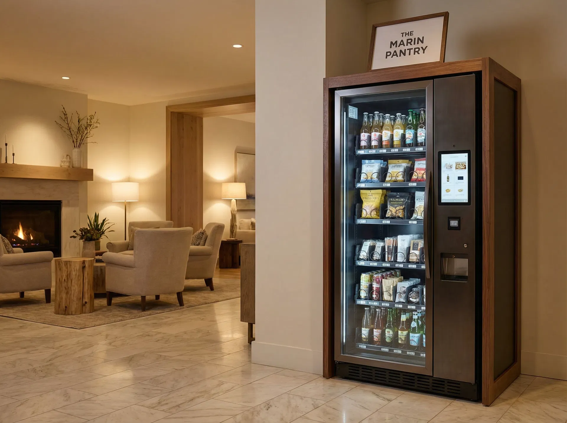 Refrigerated smart cooler vending machine in a boutique hotel lobby in Marin County