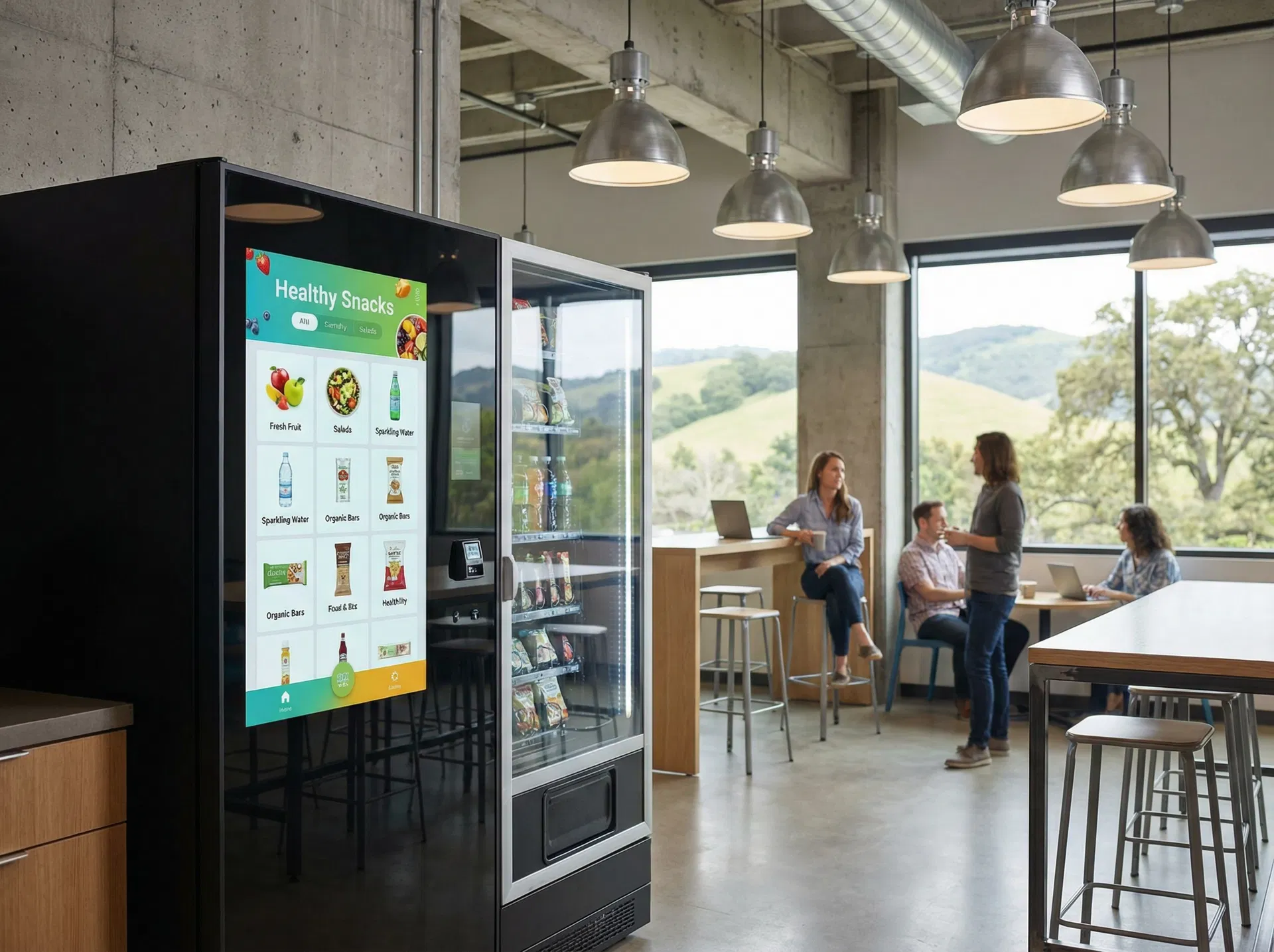 AI-powered smart vending machine in a modern tech office break room with Marin County hills visible