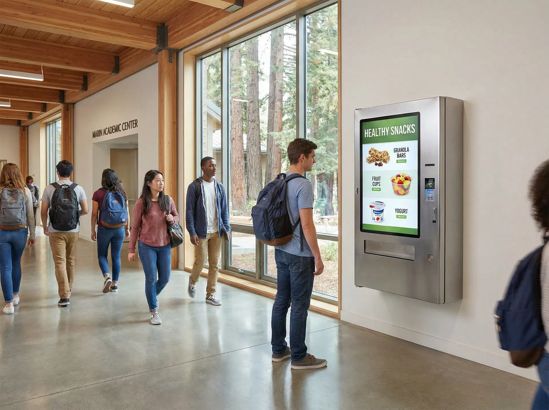 Wall-mounted smart vending machine with touchscreen in a school hallway in Marin County
