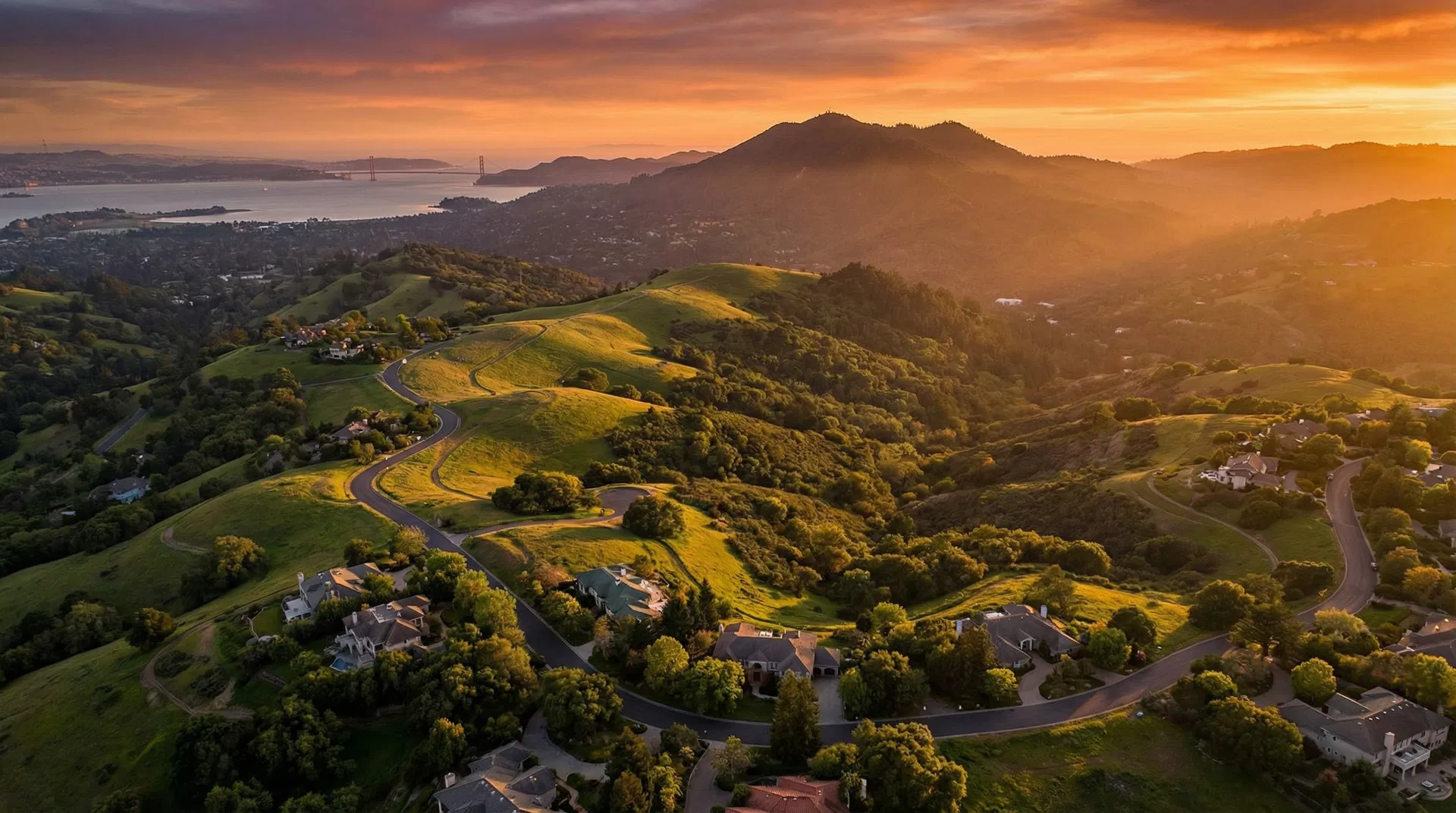 Aerial view of Marin County California at golden hour