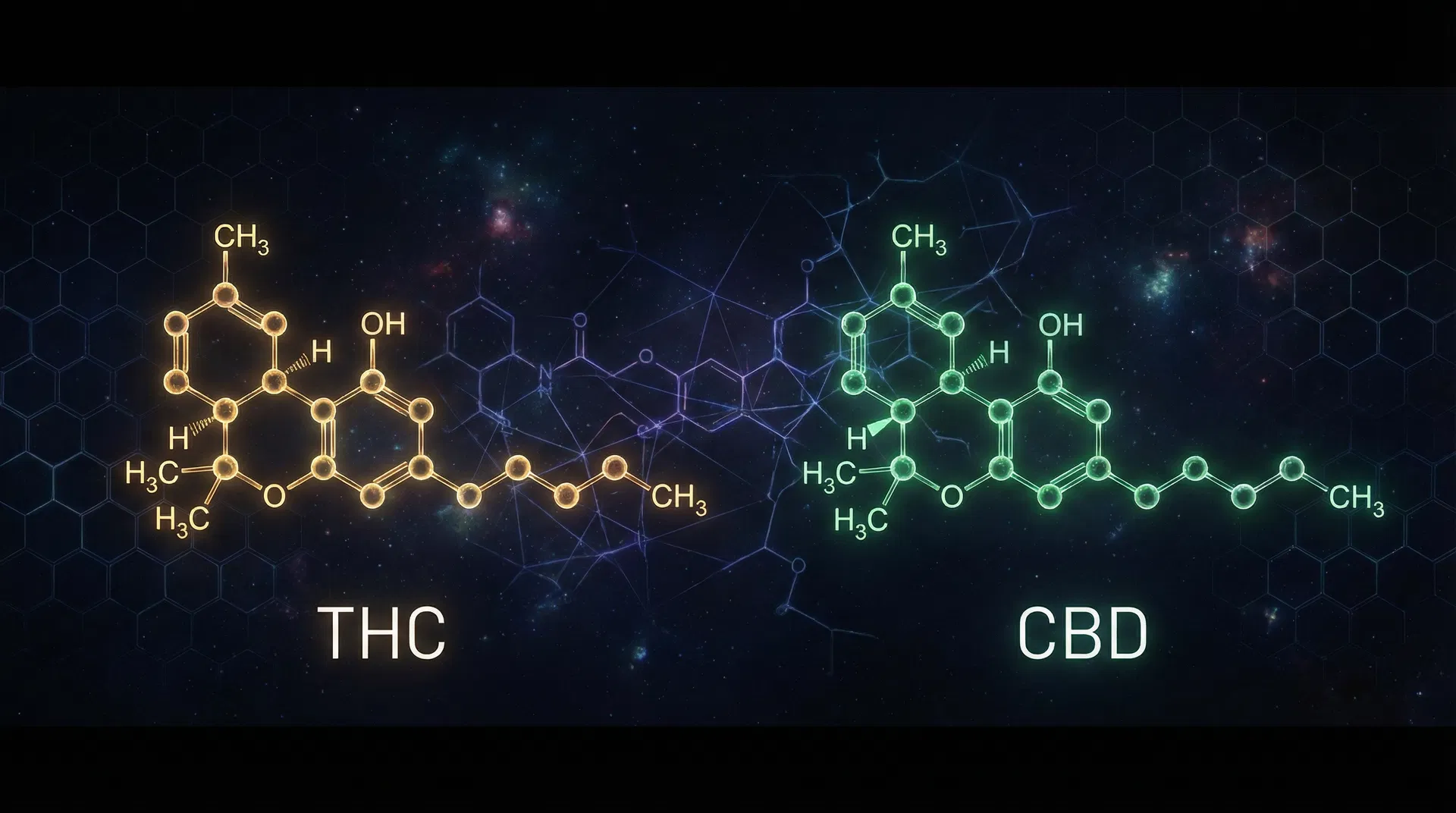 THC and CBD molecular structures — the active cannabinoids in every HUM+ dose