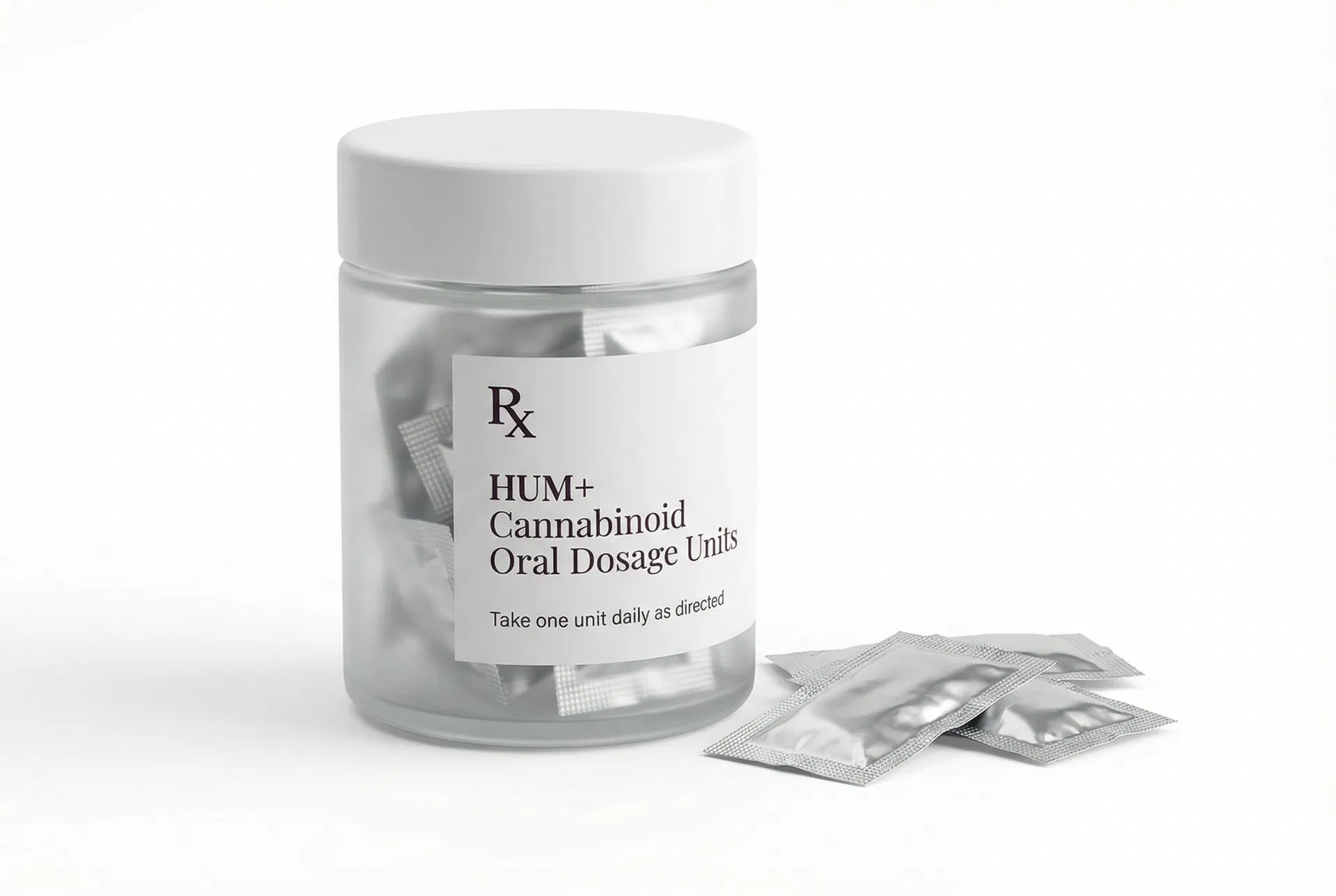 HUM+ prescription jar — amber pharmaceutical bottle filled with individually foil-sealed cannabinoid dosage units