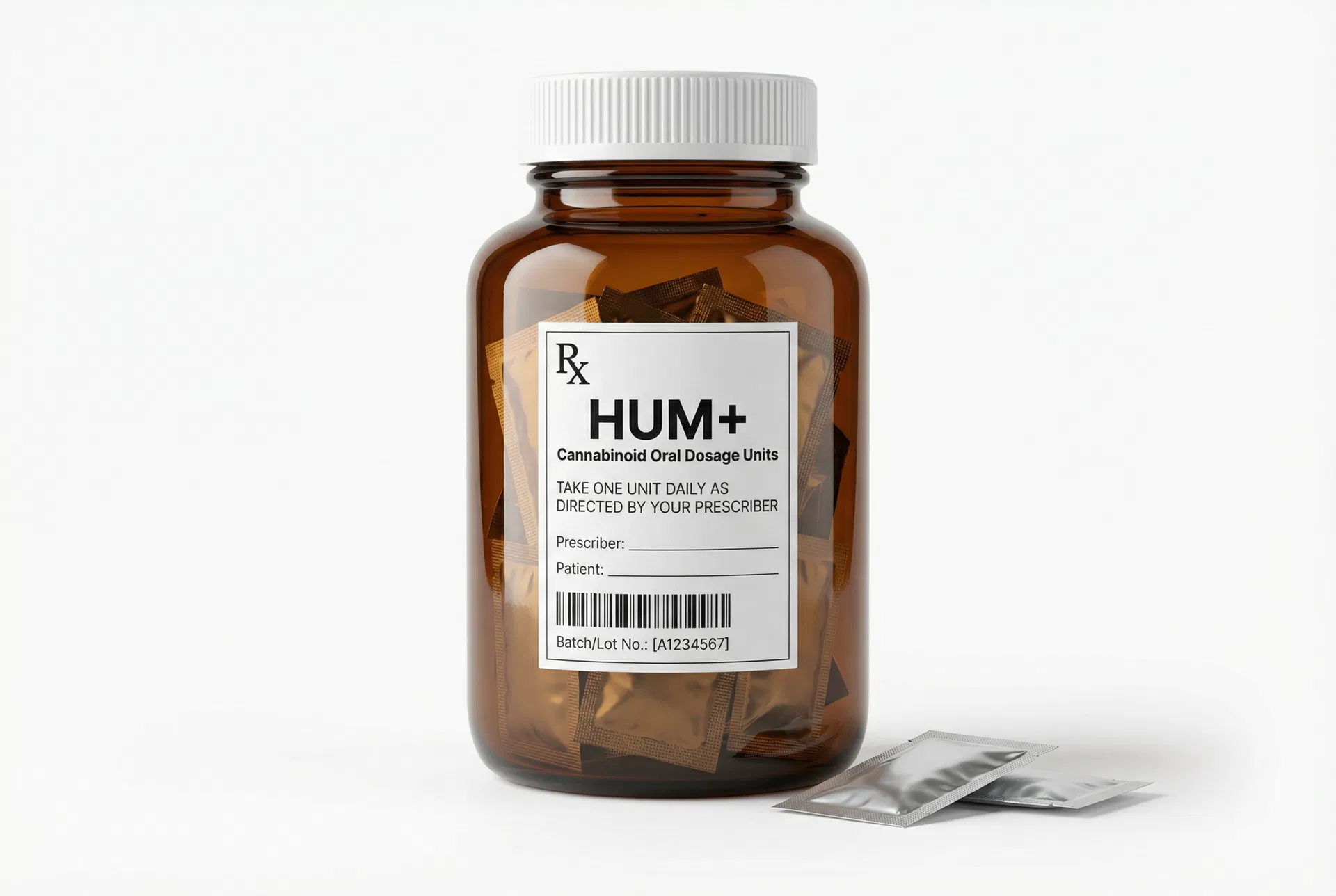 HUM+ Cannabinoid Oral Dosage Unit — pharmaceutical vial with prescription document