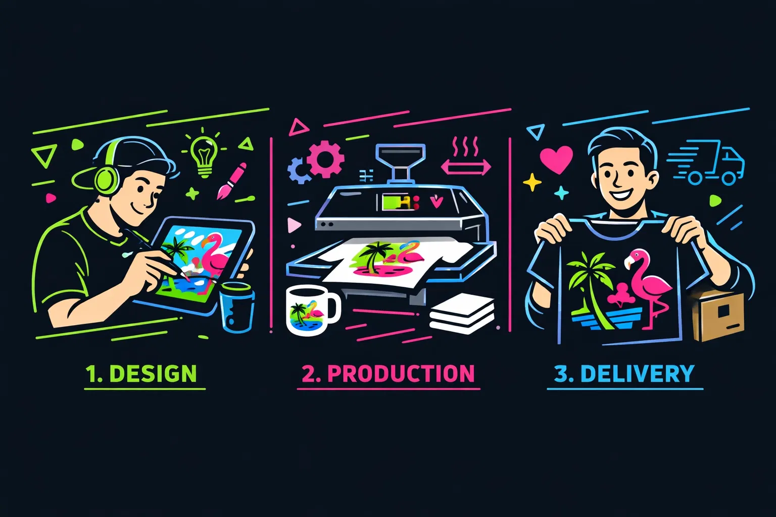 Proceso de estampado DTF en 3 pasos - Diseña tu idea, producción profesional, entrega rápida