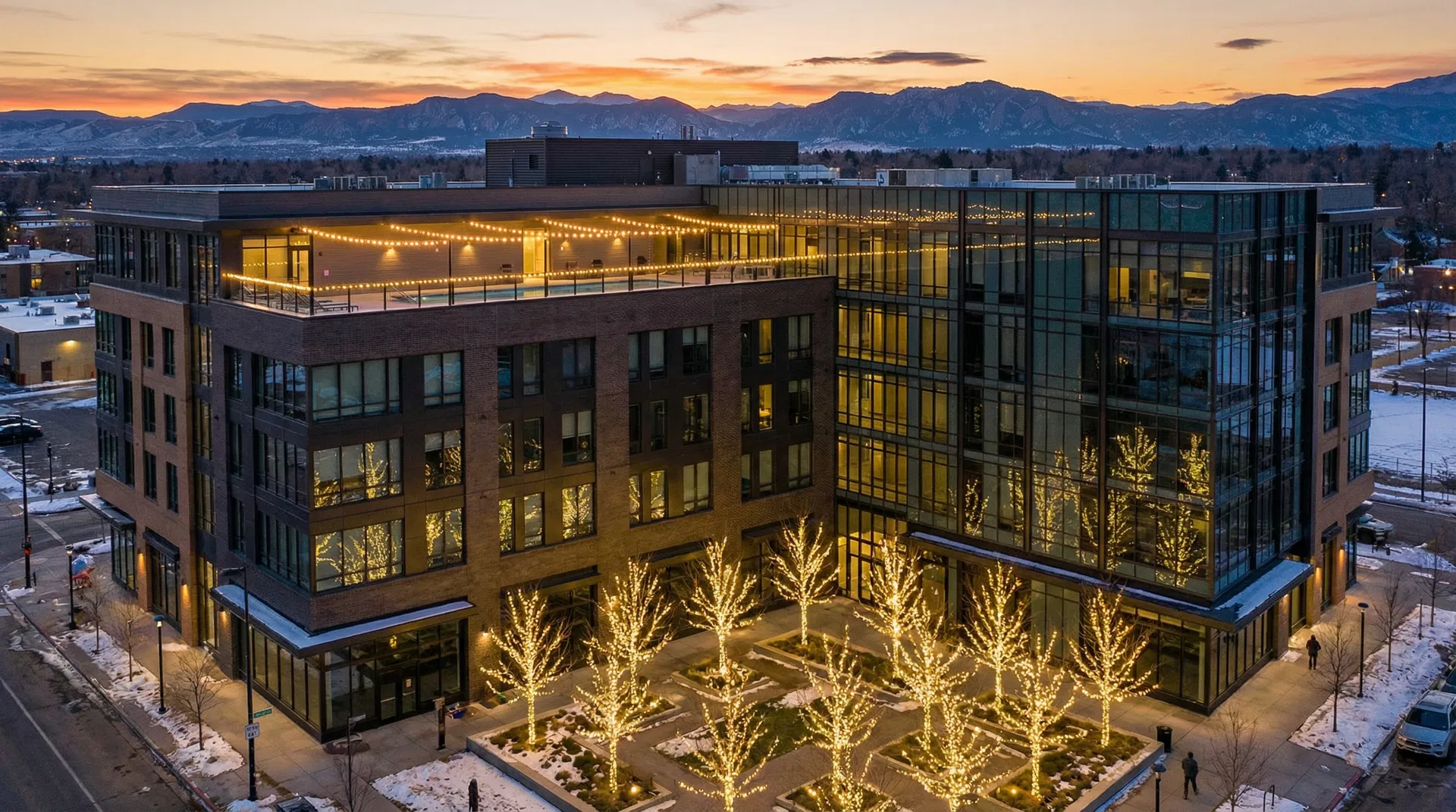 Commercial holiday lighting installation on Denver office building