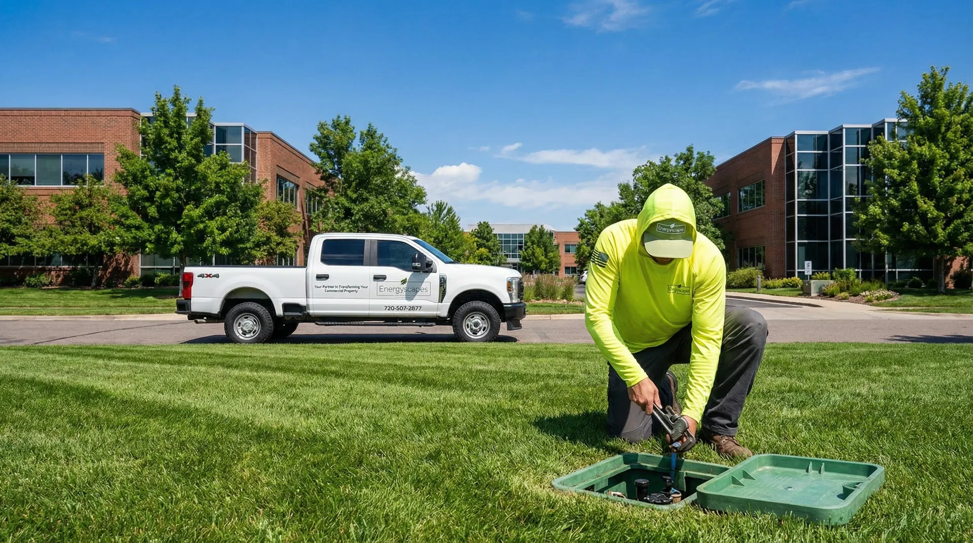 Irrigation system repair at commercial office park in Denver