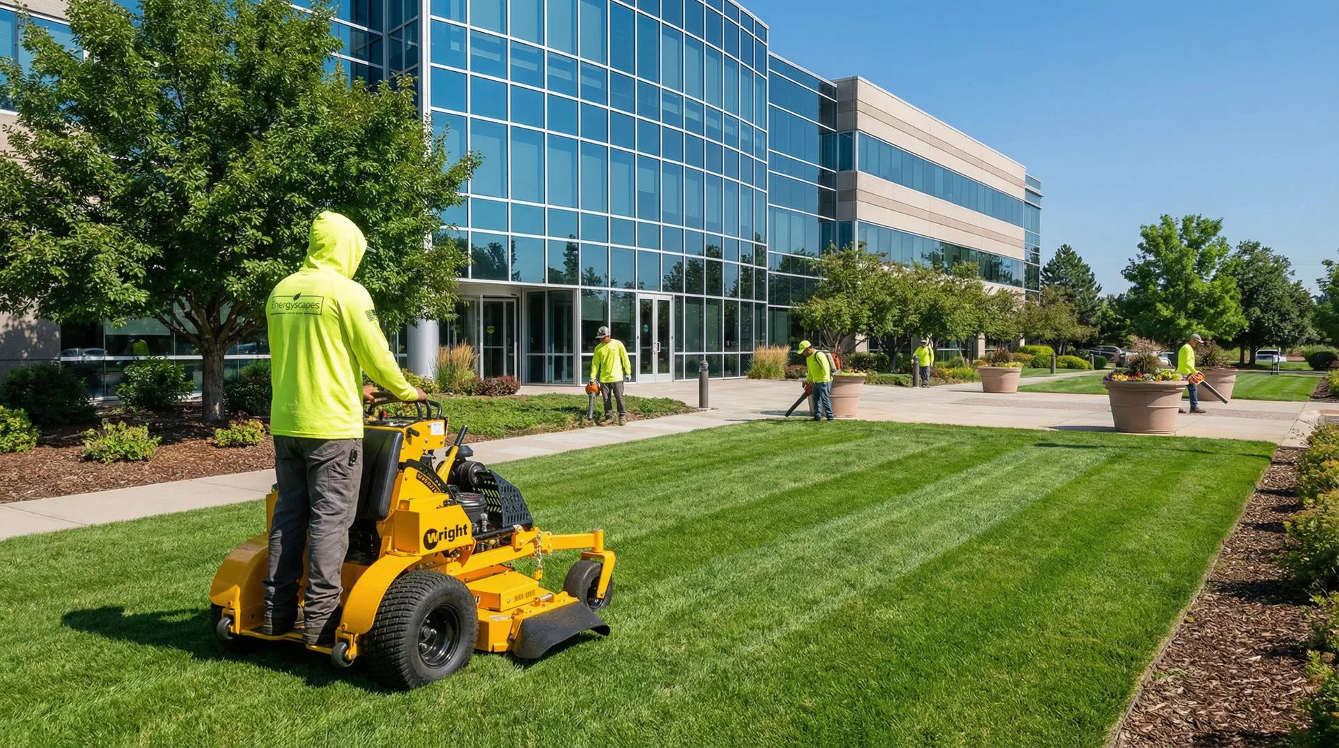 Professional landscape maintenance crew at commercial property
