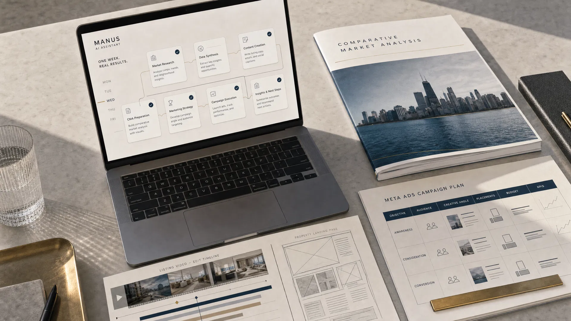 Editorial desk scene showing Manus-assisted real estate work products