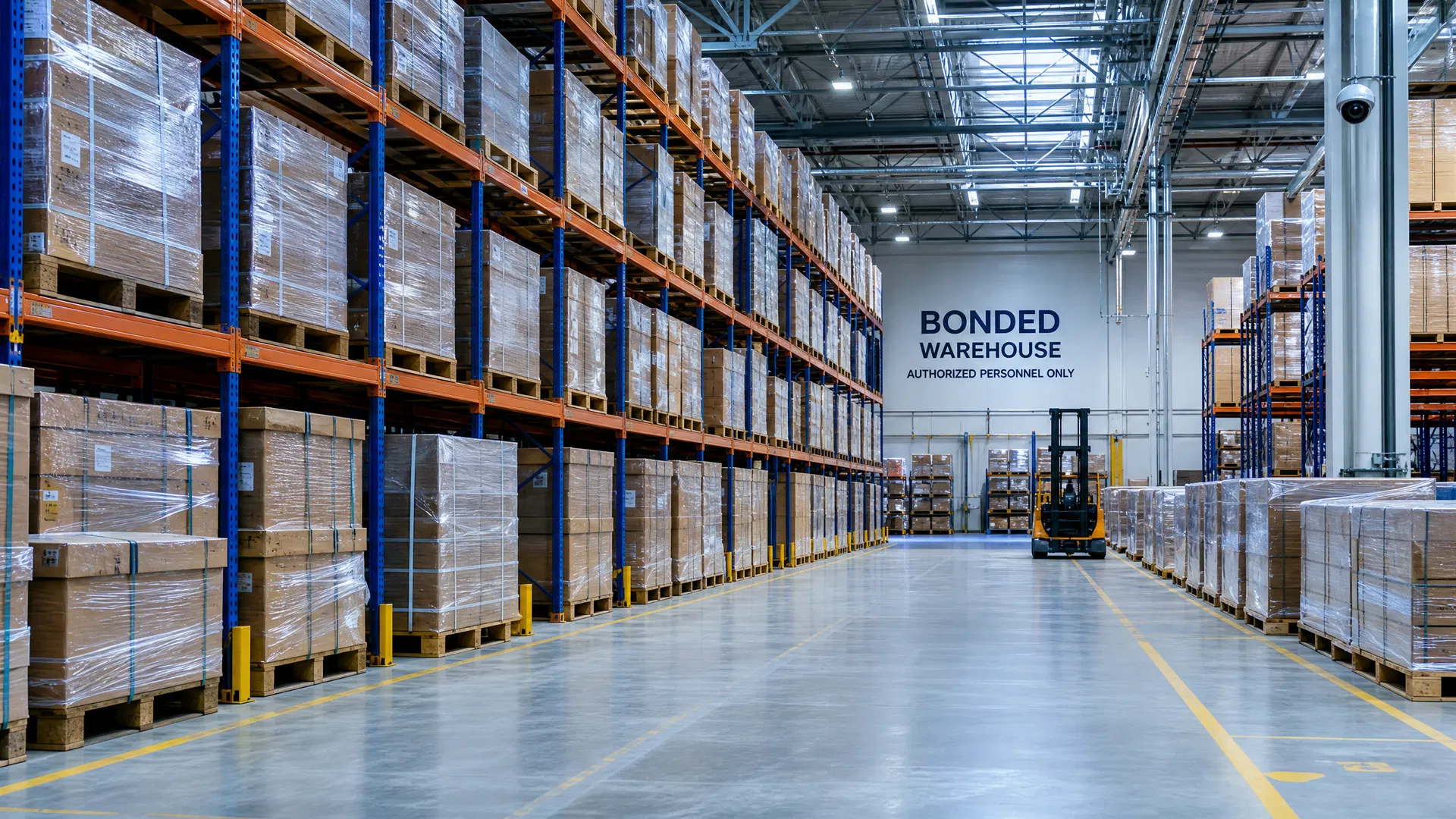 Modern bonded warehouse interior with pallets and racking systems — Cyprus customs warehousing guide