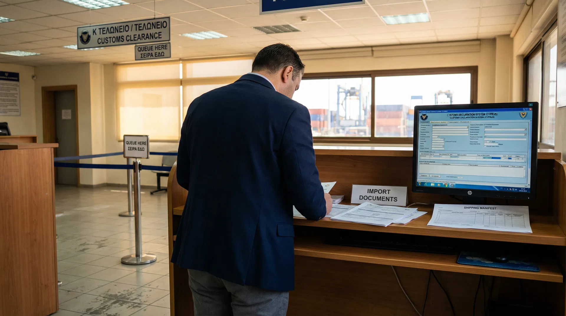 Customs broker reviewing customs declarations on a laptop at a port office overlooking a busy container terminal in Cyprus