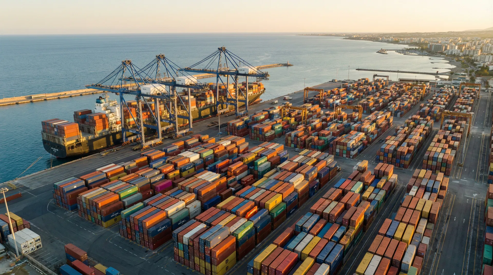 Aerial view of Limassol Port Cyprus at golden hour with shipping containers and gantry cranes